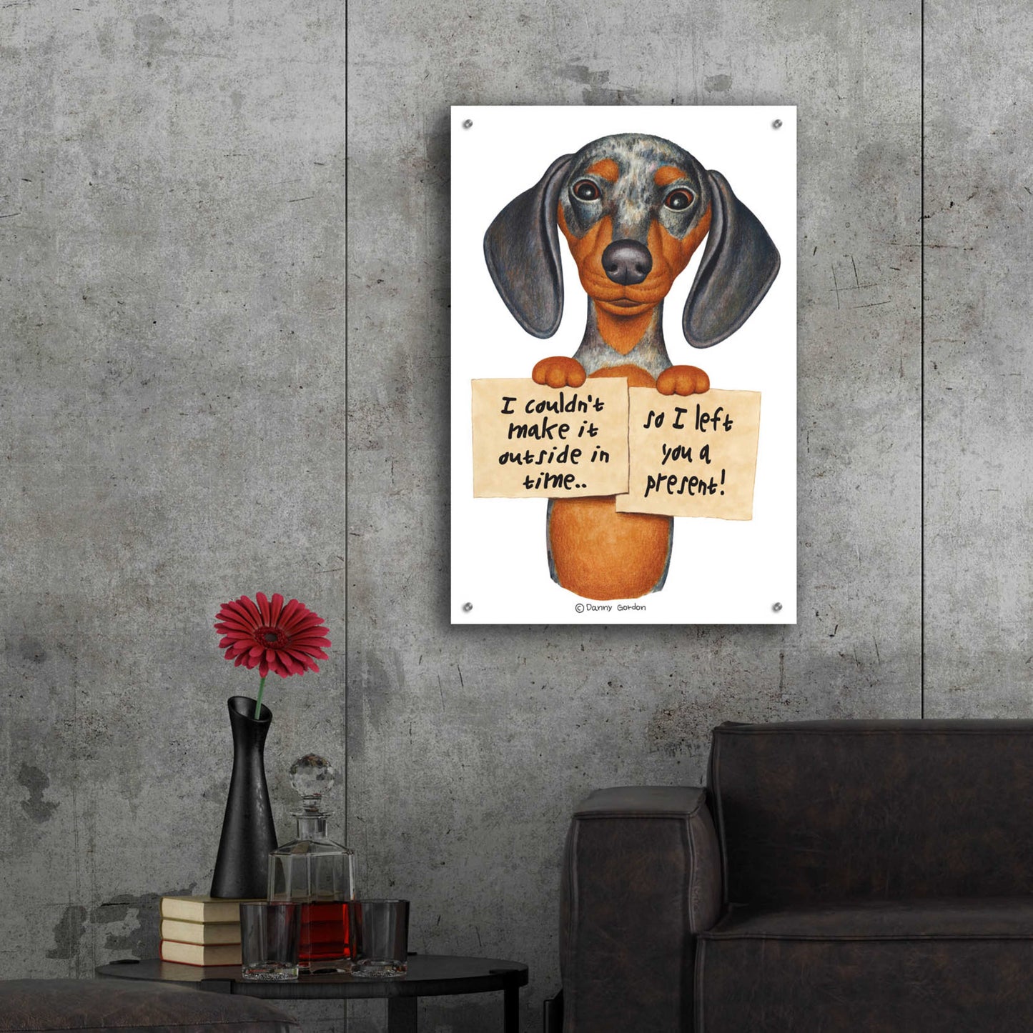 Epic Art 'Dappled Dachshund Two Signs' by Danny Gordon Art, Acrylic Glass Wall Art,24x36