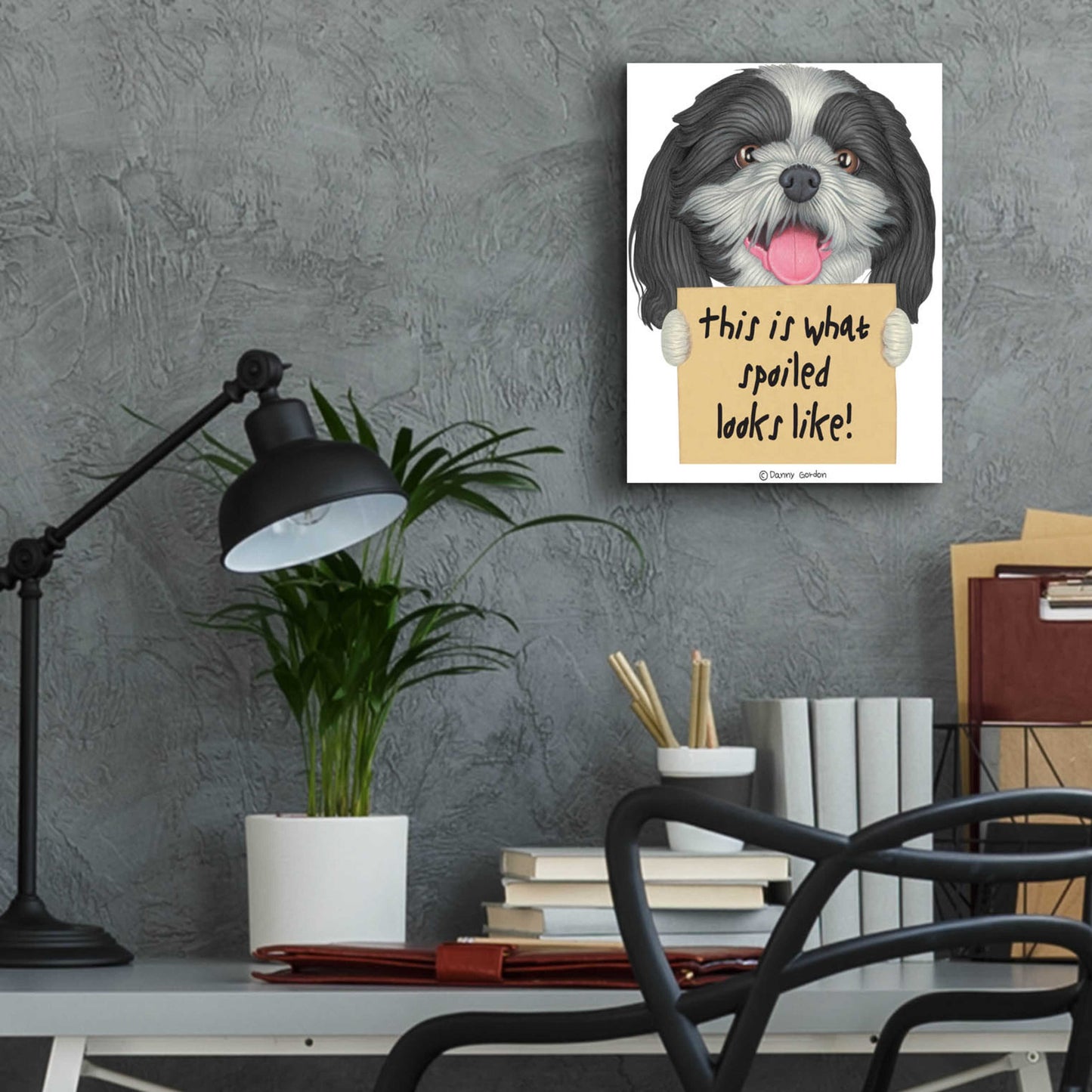 Epic Art 'Black White Shih Tzu with Sign' by Danny Gordon Art, Acrylic Glass Wall Art,12x16