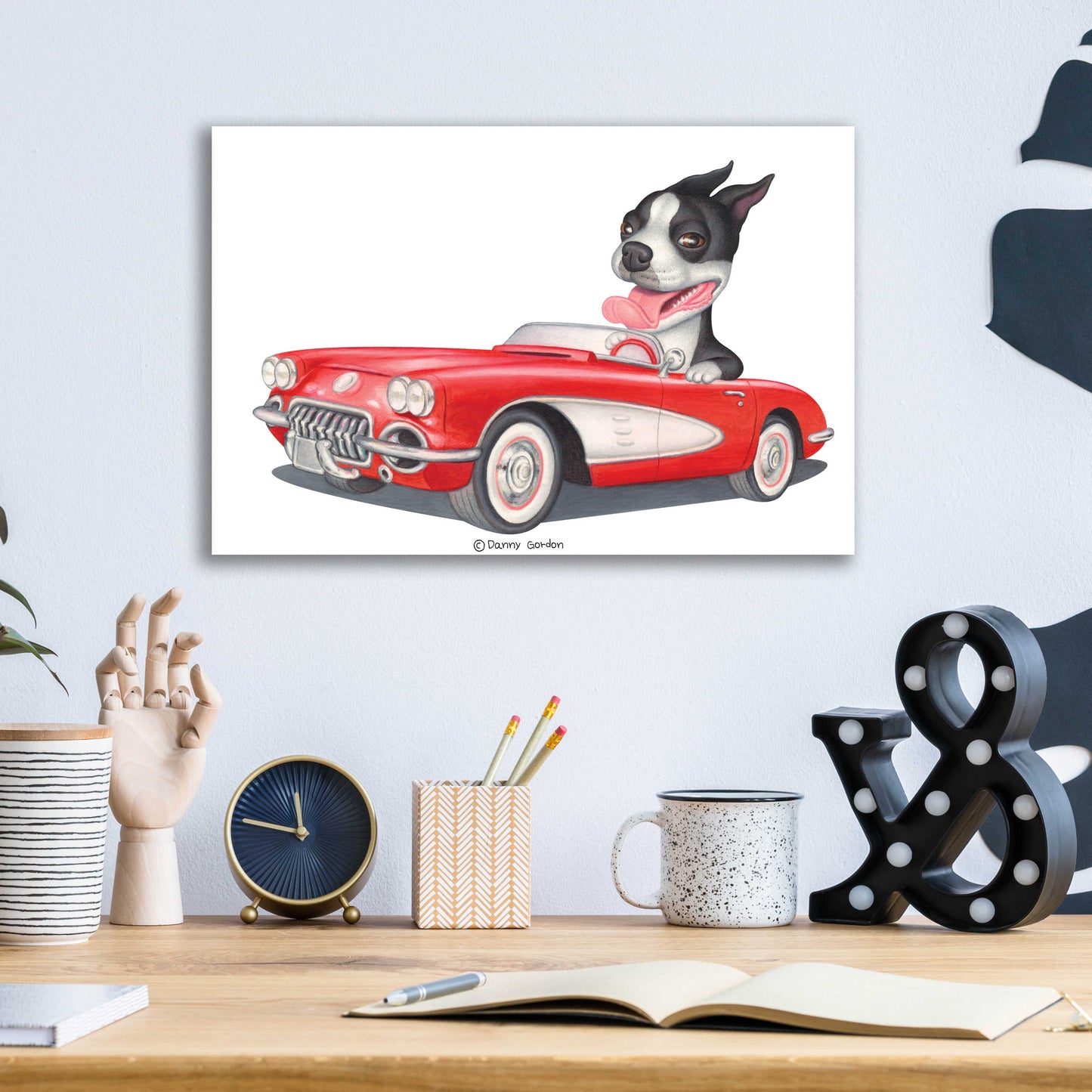 Epic Art 'Boston Terrier in Red Corvette' by Danny Gordon Art, Acrylic Glass Wall Art,16x12