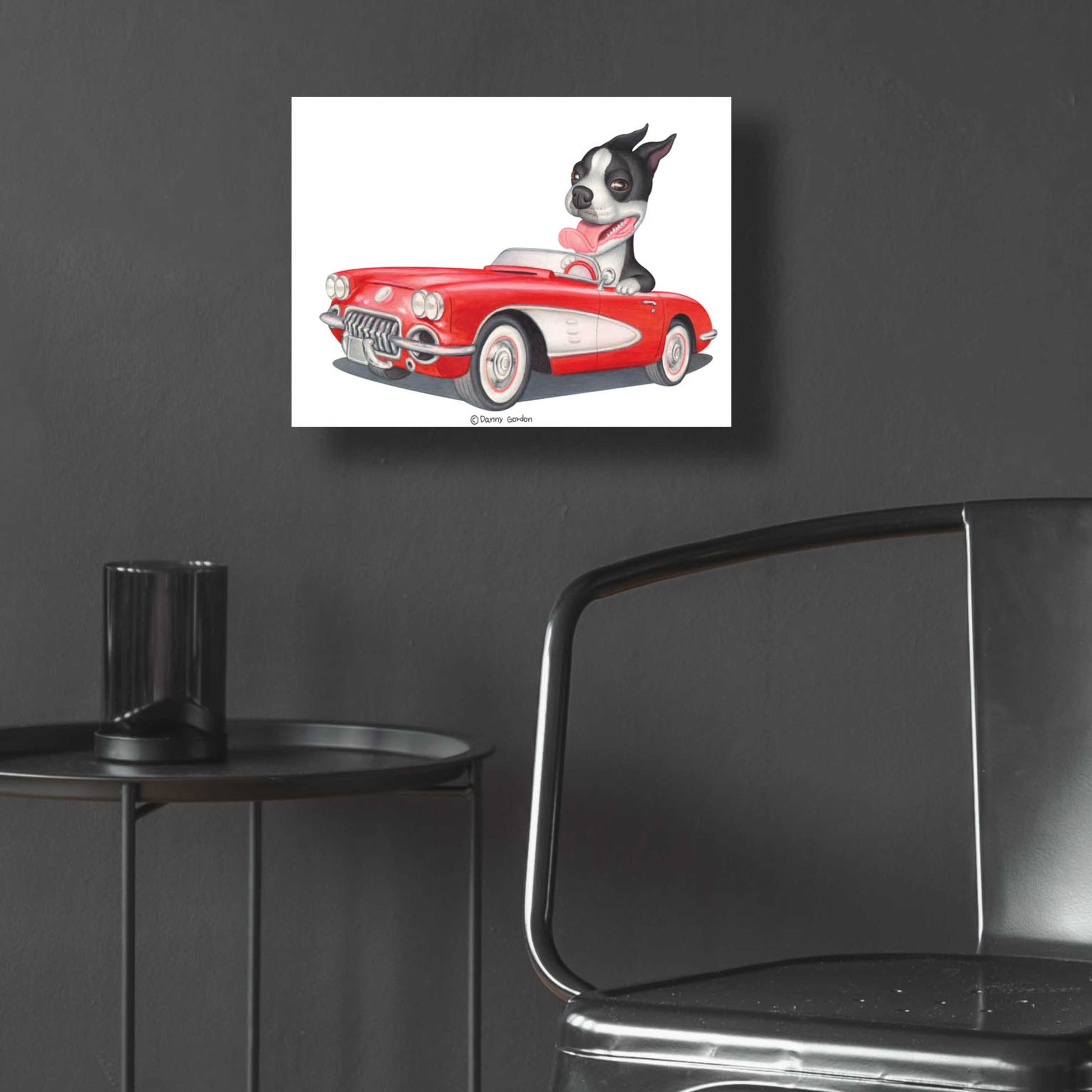 Epic Art 'Boston Terrier in Red Corvette' by Danny Gordon Art, Acrylic Glass Wall Art,16x12