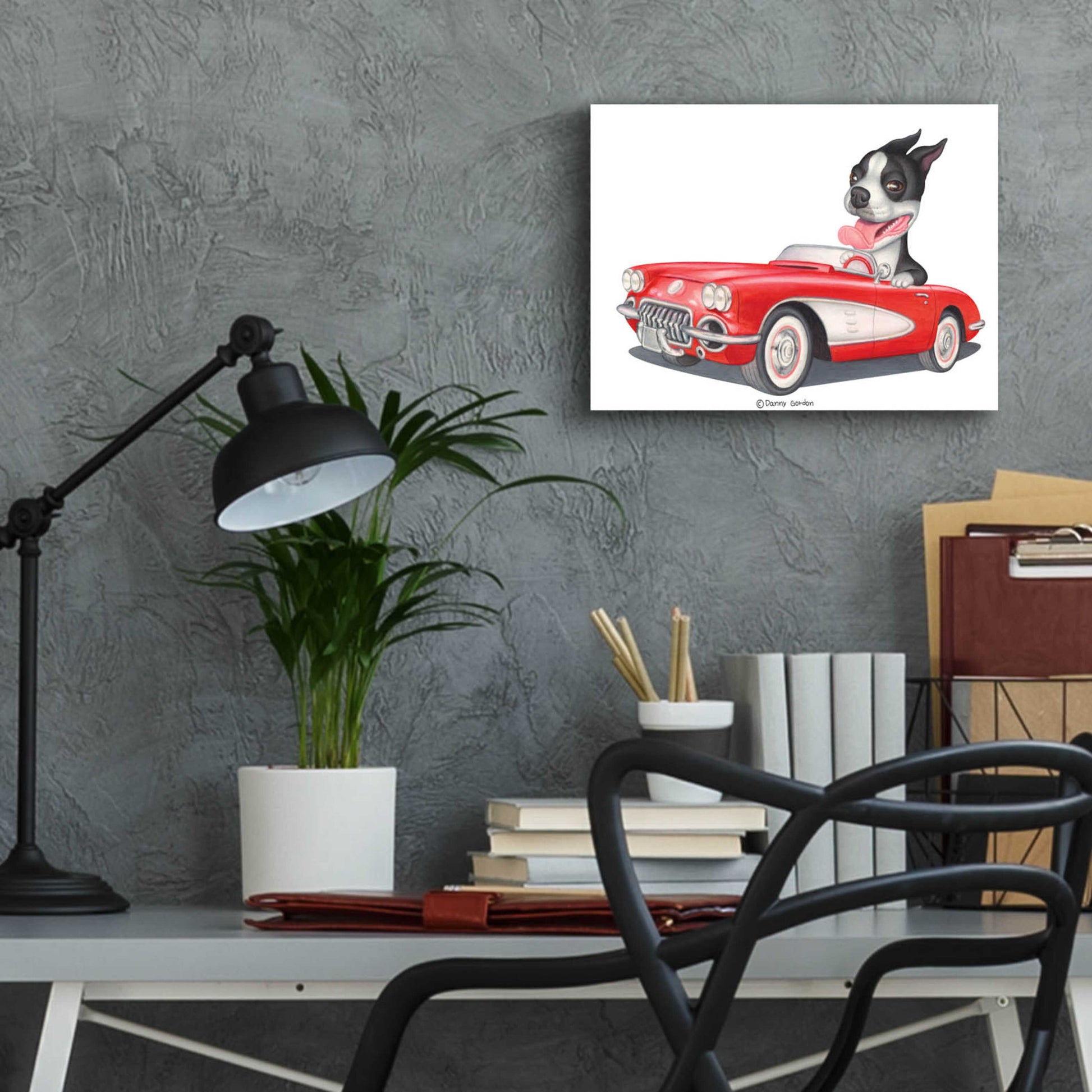 Epic Art 'Boston Terrier in Red Corvette' by Danny Gordon Art, Acrylic Glass Wall Art,16x12