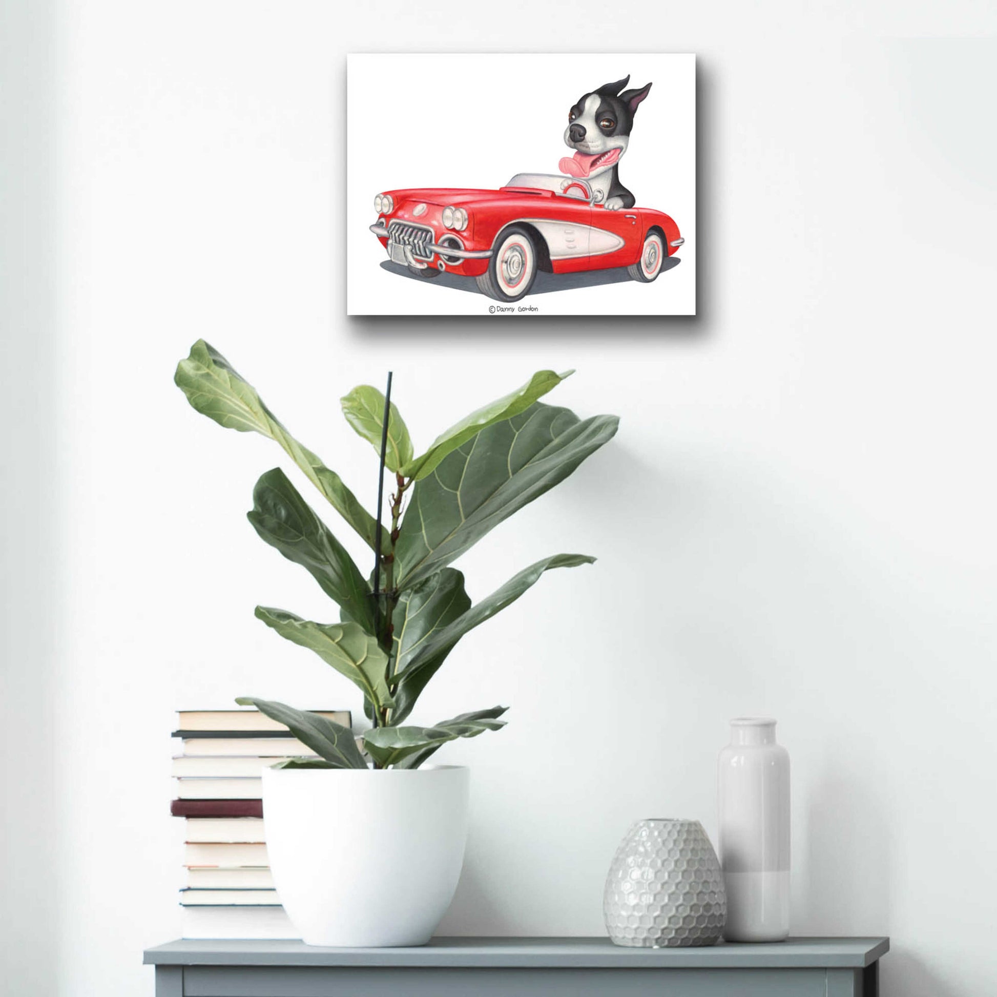 Epic Art 'Boston Terrier in Red Corvette' by Danny Gordon Art, Acrylic Glass Wall Art,16x12