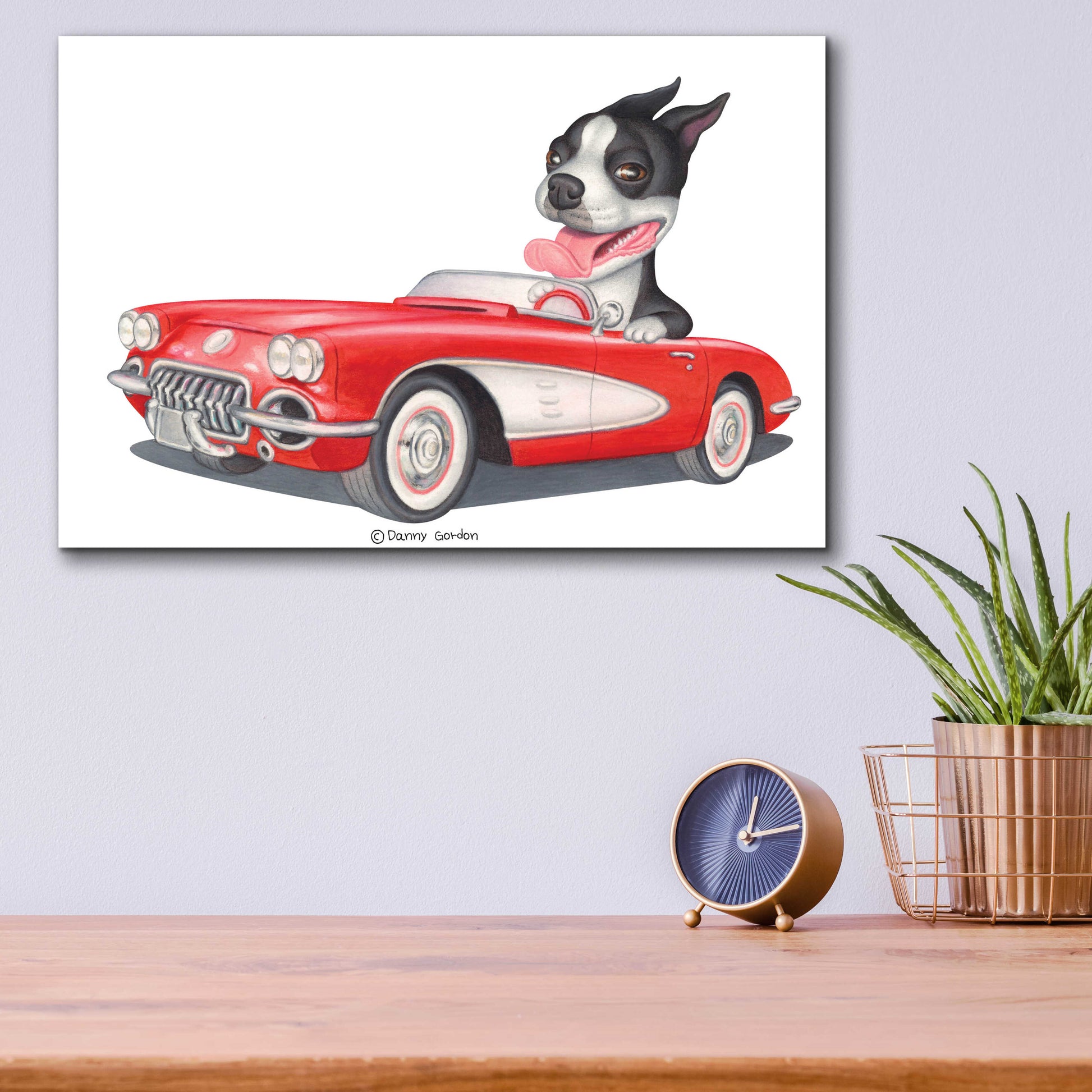 Epic Art 'Boston Terrier in Red Corvette' by Danny Gordon Art, Acrylic Glass Wall Art,16x12