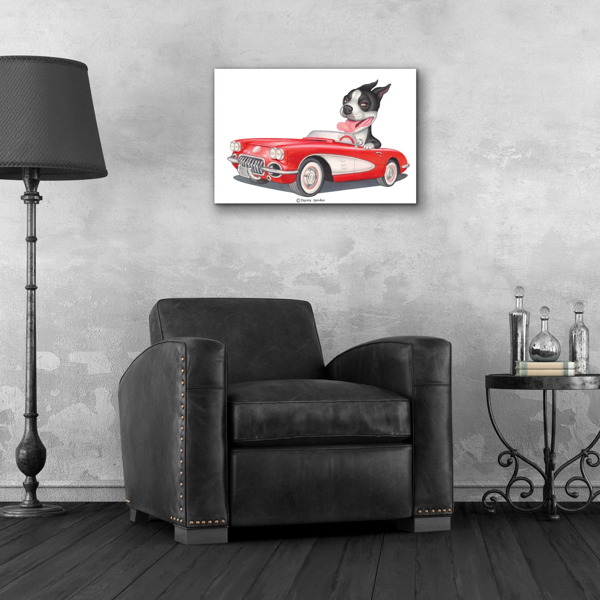 Epic Art 'Boston Terrier in Red Corvette' by Danny Gordon Art, Acrylic Glass Wall Art,24x16