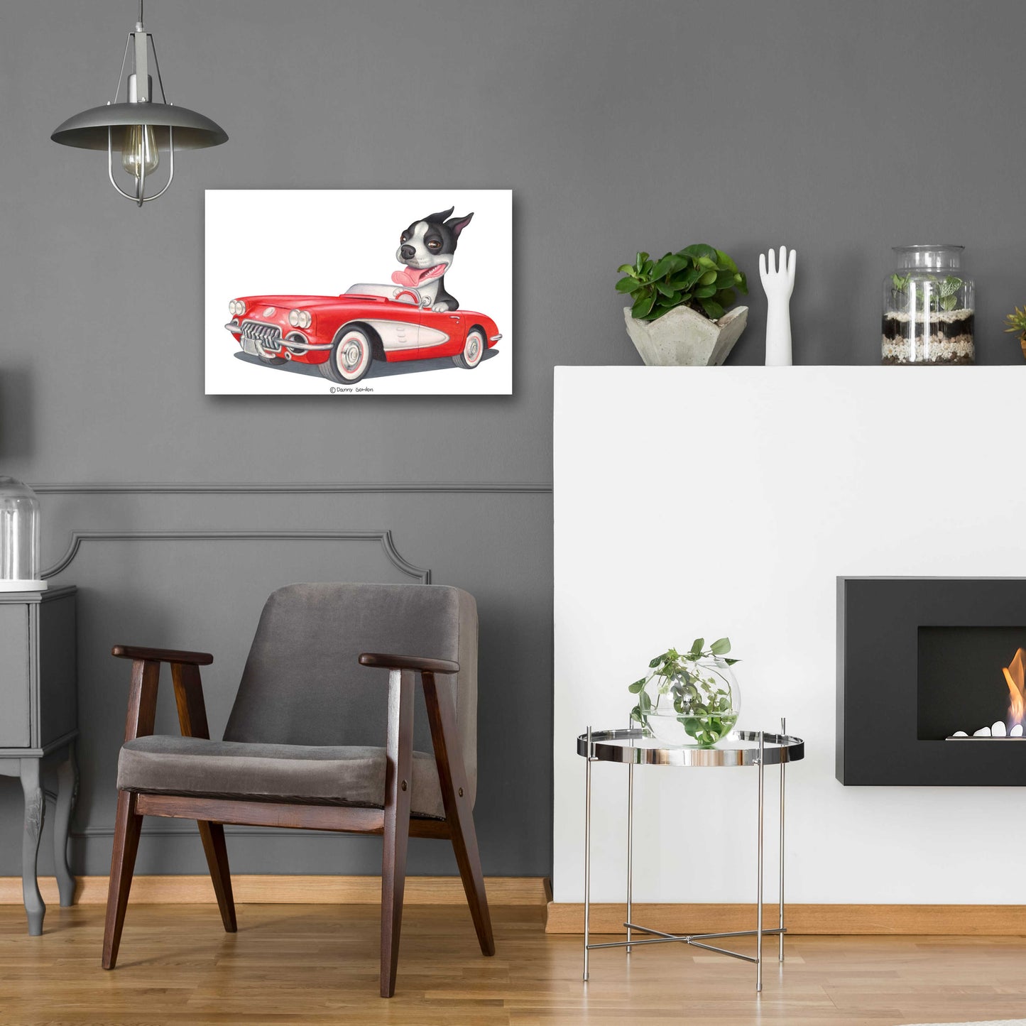 Epic Art 'Boston Terrier in Red Corvette' by Danny Gordon Art, Acrylic Glass Wall Art,24x16