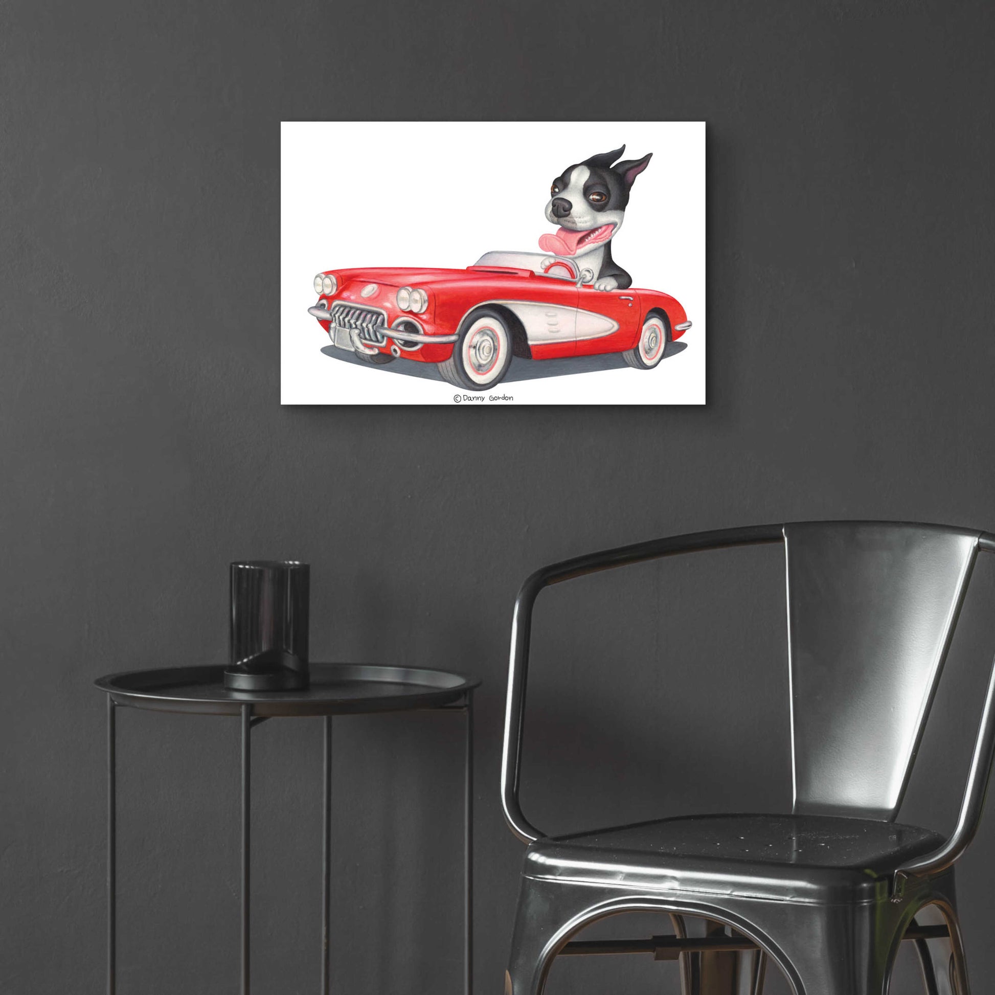 Epic Art 'Boston Terrier in Red Corvette' by Danny Gordon Art, Acrylic Glass Wall Art,24x16