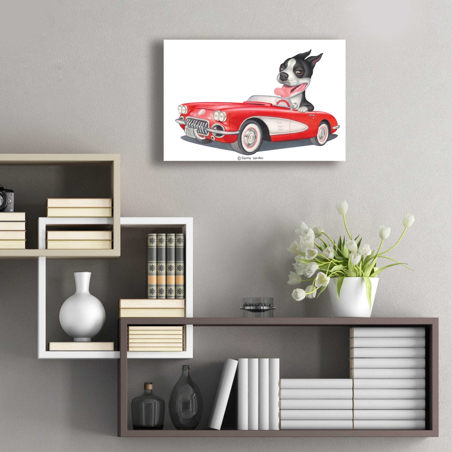 Epic Art 'Boston Terrier in Red Corvette' by Danny Gordon Art, Acrylic Glass Wall Art,24x16