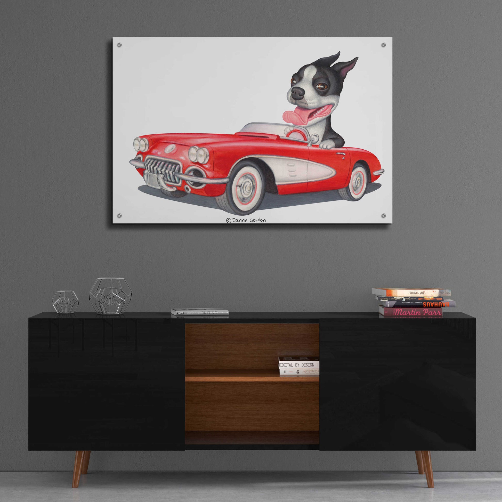 Epic Art 'Boston Terrier in Red Corvette' by Danny Gordon Art, Acrylic Glass Wall Art,36x24