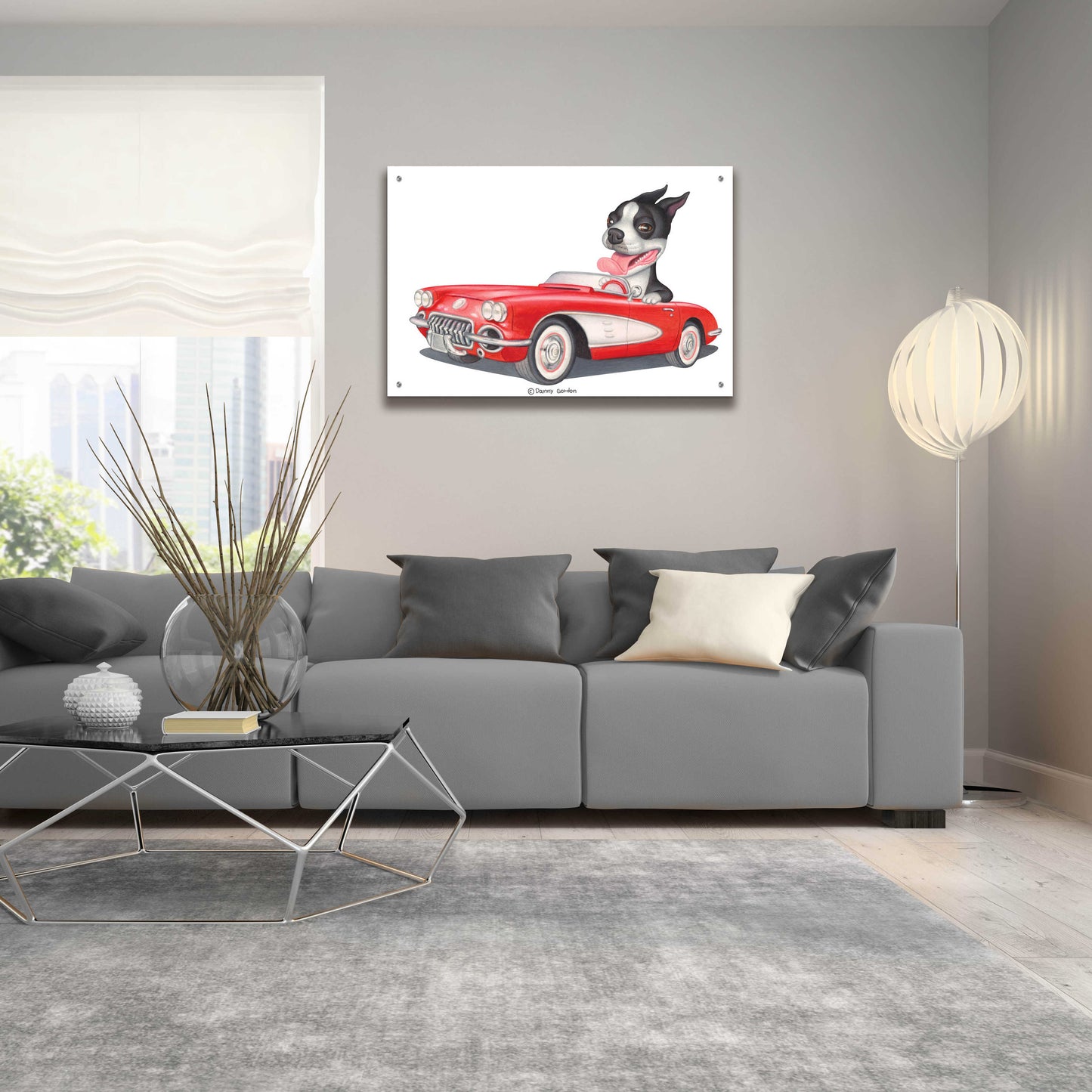 Epic Art 'Boston Terrier in Red Corvette' by Danny Gordon Art, Acrylic Glass Wall Art,36x24