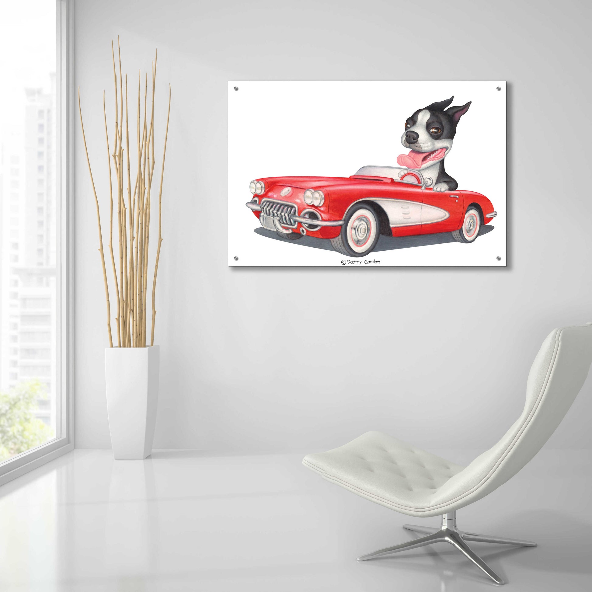 Epic Art 'Boston Terrier in Red Corvette' by Danny Gordon Art, Acrylic Glass Wall Art,36x24