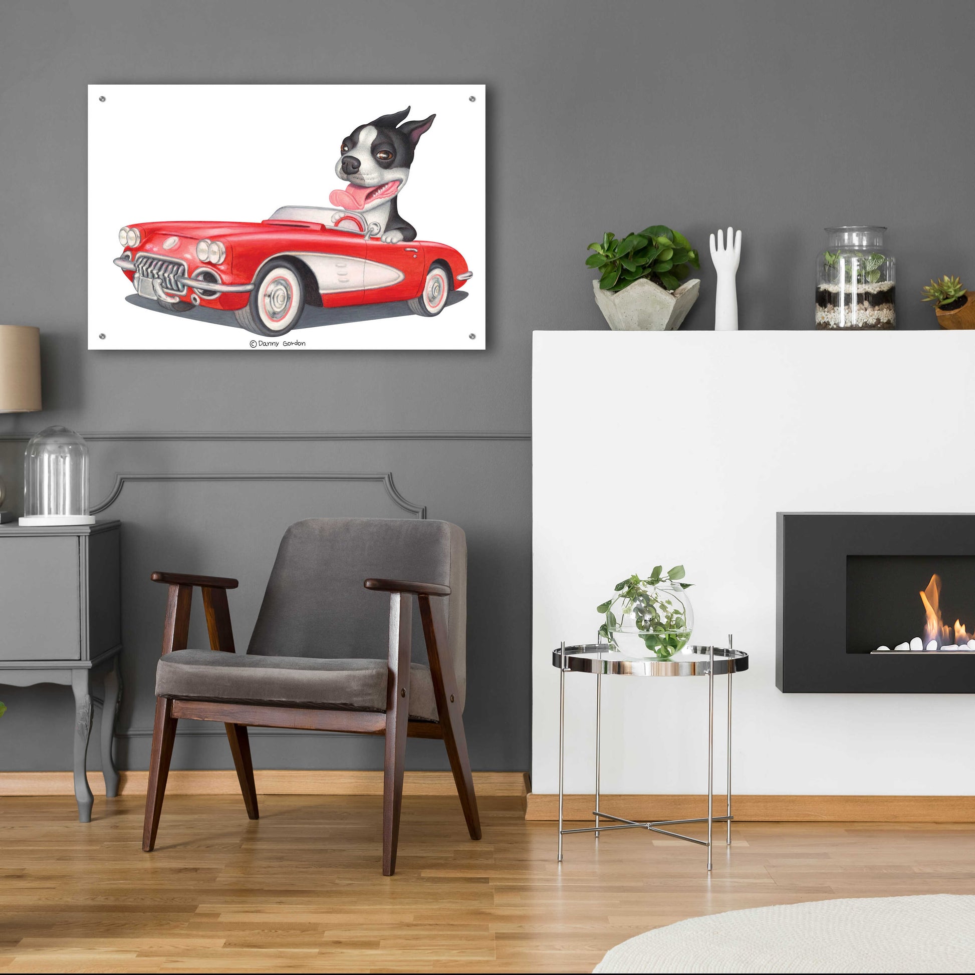 Epic Art 'Boston Terrier in Red Corvette' by Danny Gordon Art, Acrylic Glass Wall Art,36x24