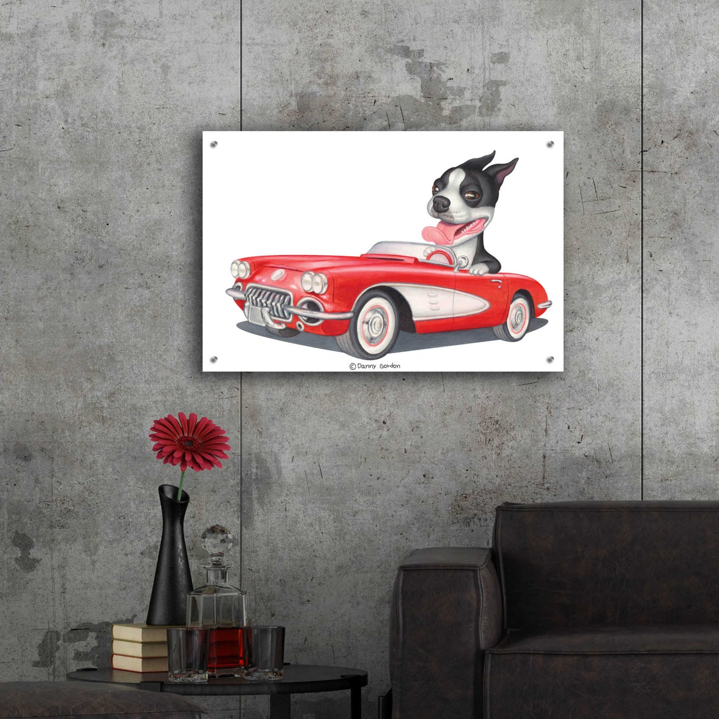 Epic Art 'Boston Terrier in Red Corvette' by Danny Gordon Art, Acrylic Glass Wall Art,36x24