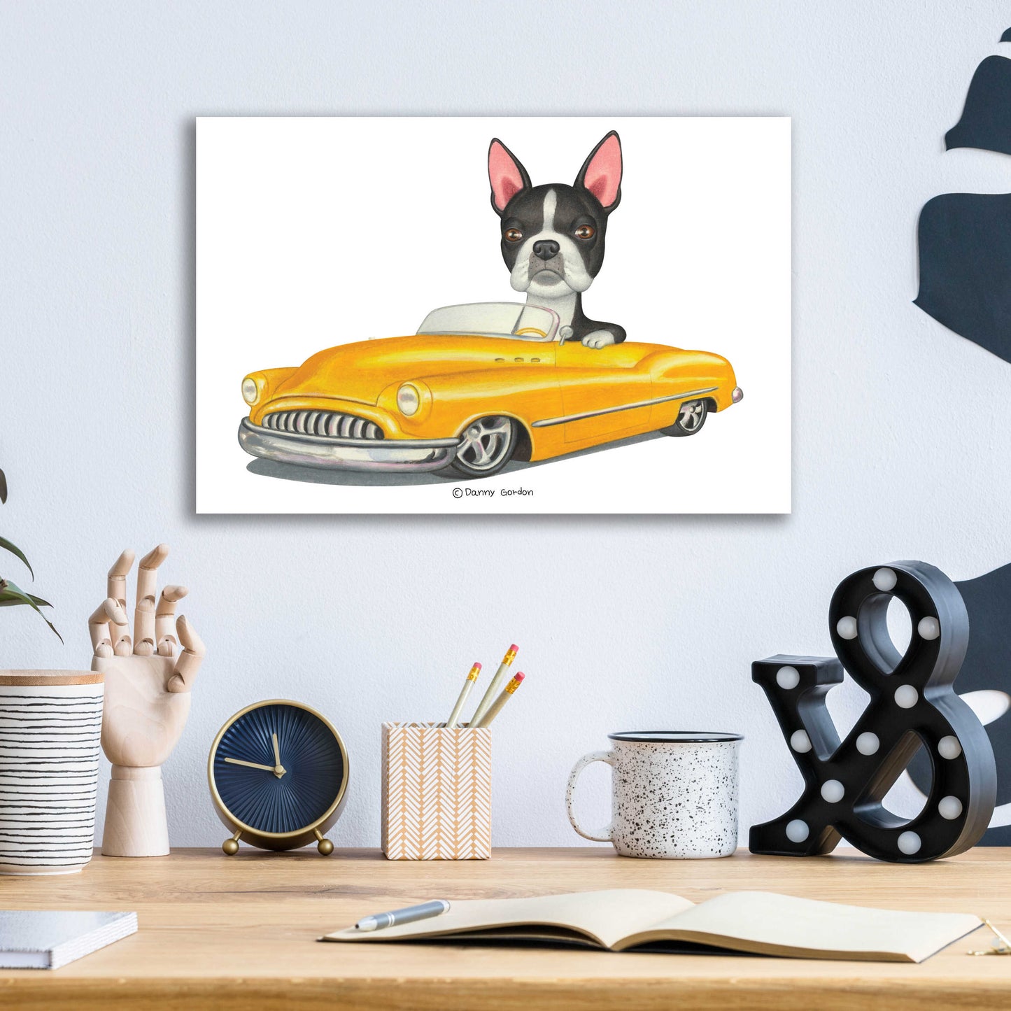 Epic Art 'Boston Terrier in Yellow Car' by Danny Gordon Art, Acrylic Glass Wall Art,16x12