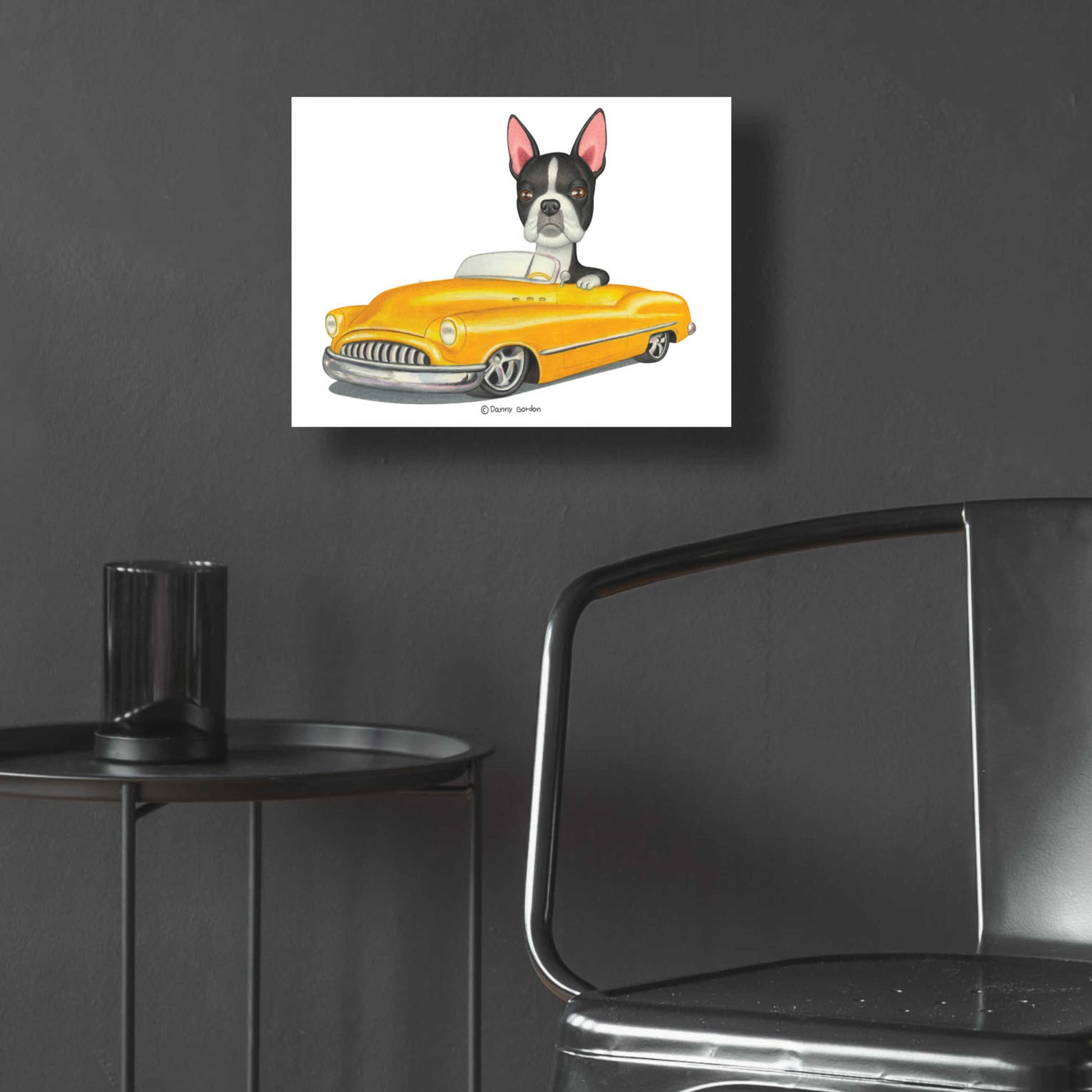 Epic Art 'Boston Terrier in Yellow Car' by Danny Gordon Art, Acrylic Glass Wall Art,16x12