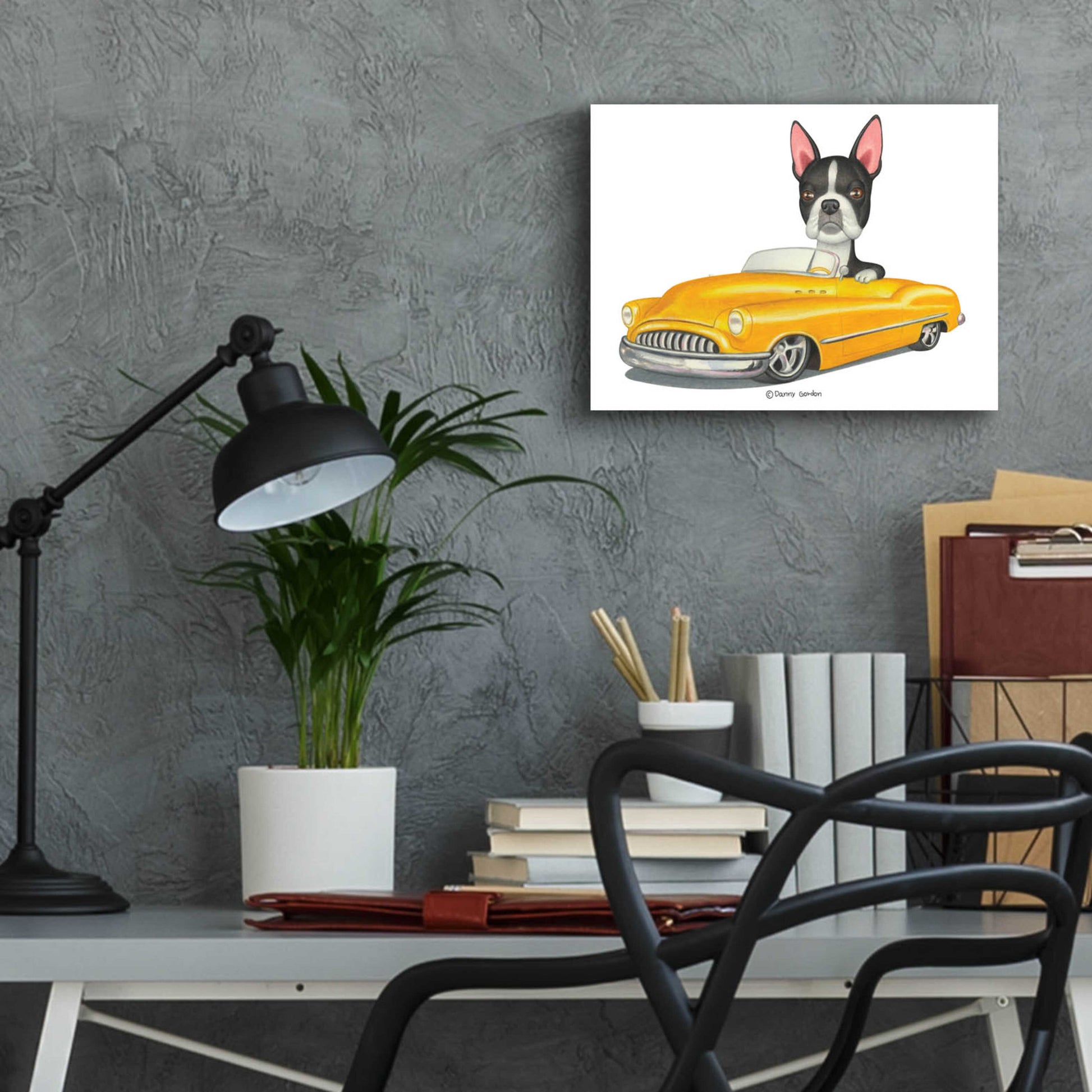 Epic Art 'Boston Terrier in Yellow Car' by Danny Gordon Art, Acrylic Glass Wall Art,16x12