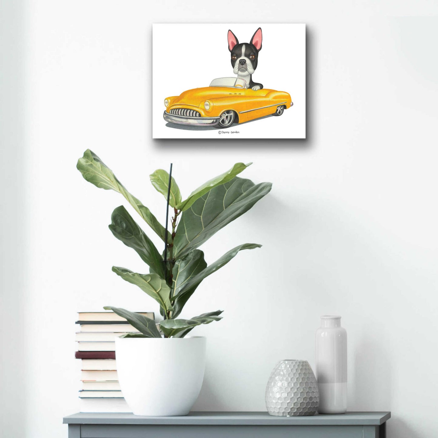 Epic Art 'Boston Terrier in Yellow Car' by Danny Gordon Art, Acrylic Glass Wall Art,16x12