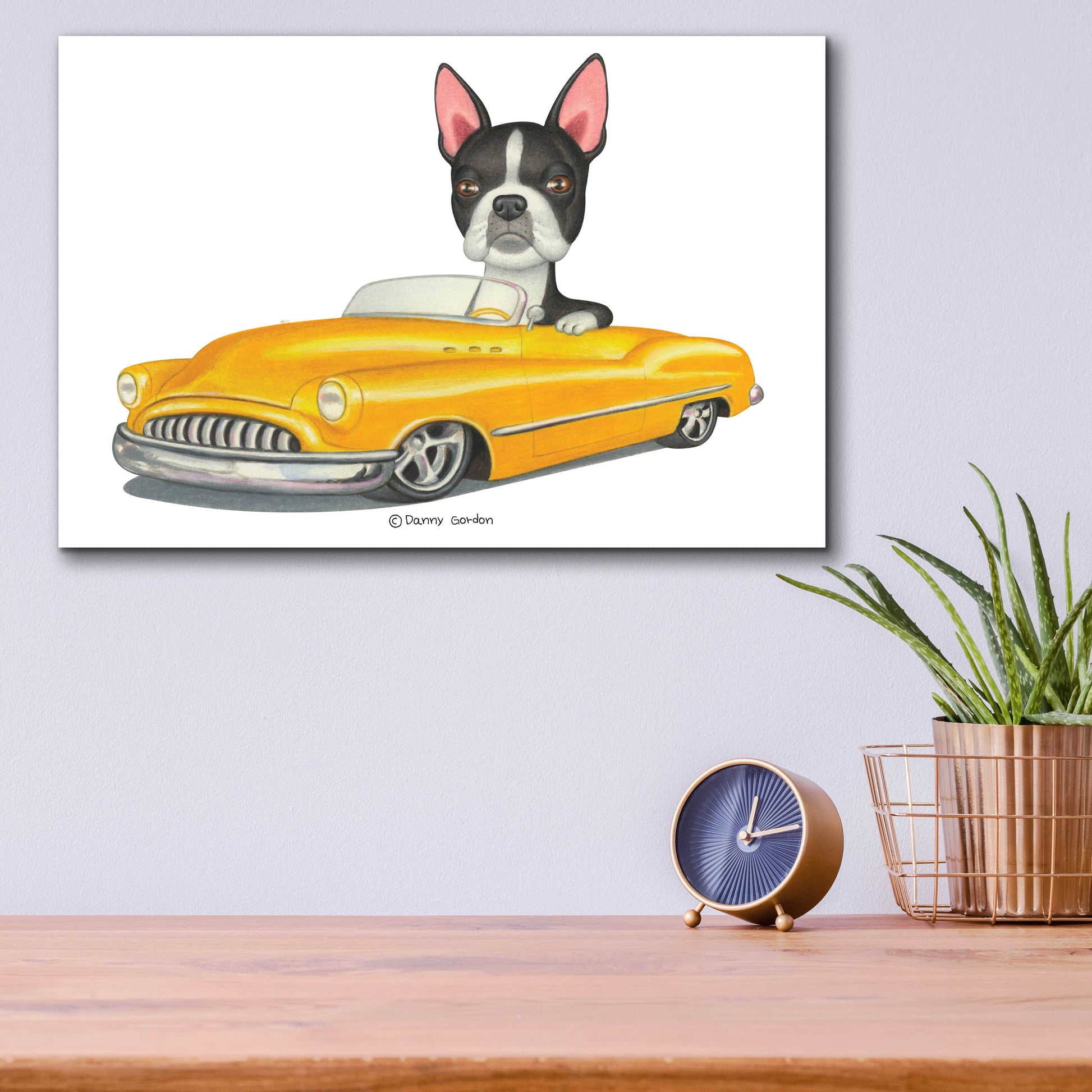 Epic Art 'Boston Terrier in Yellow Car' by Danny Gordon Art, Acrylic Glass Wall Art,16x12