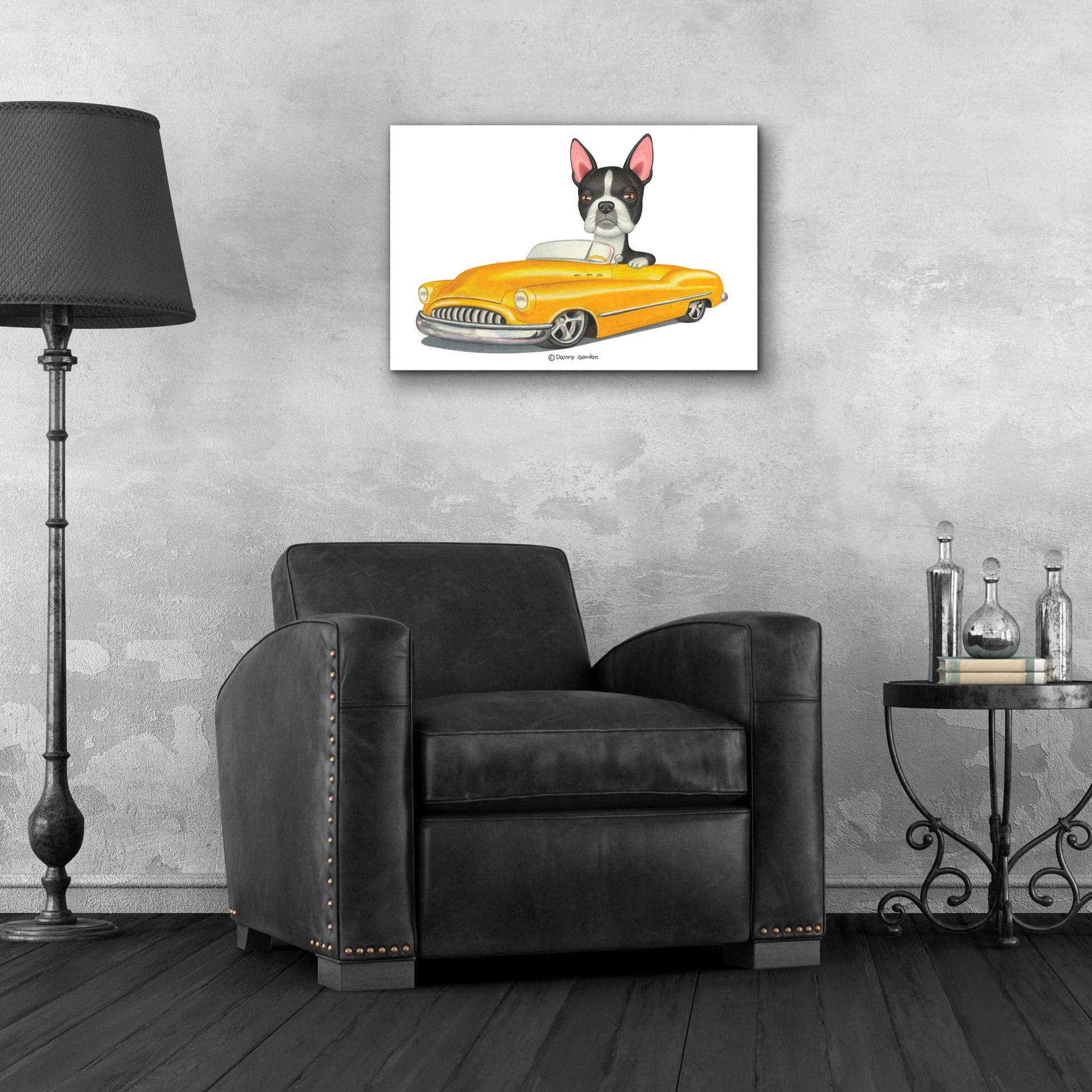 Epic Art 'Boston Terrier in Yellow Car' by Danny Gordon Art, Acrylic Glass Wall Art,24x16