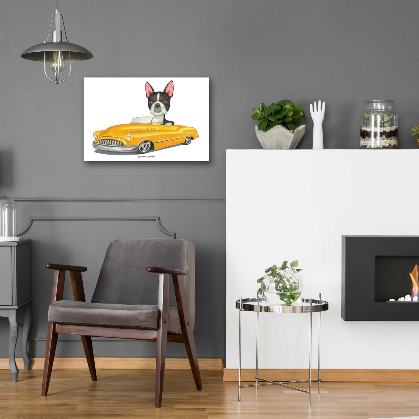 Epic Art 'Boston Terrier in Yellow Car' by Danny Gordon Art, Acrylic Glass Wall Art,24x16