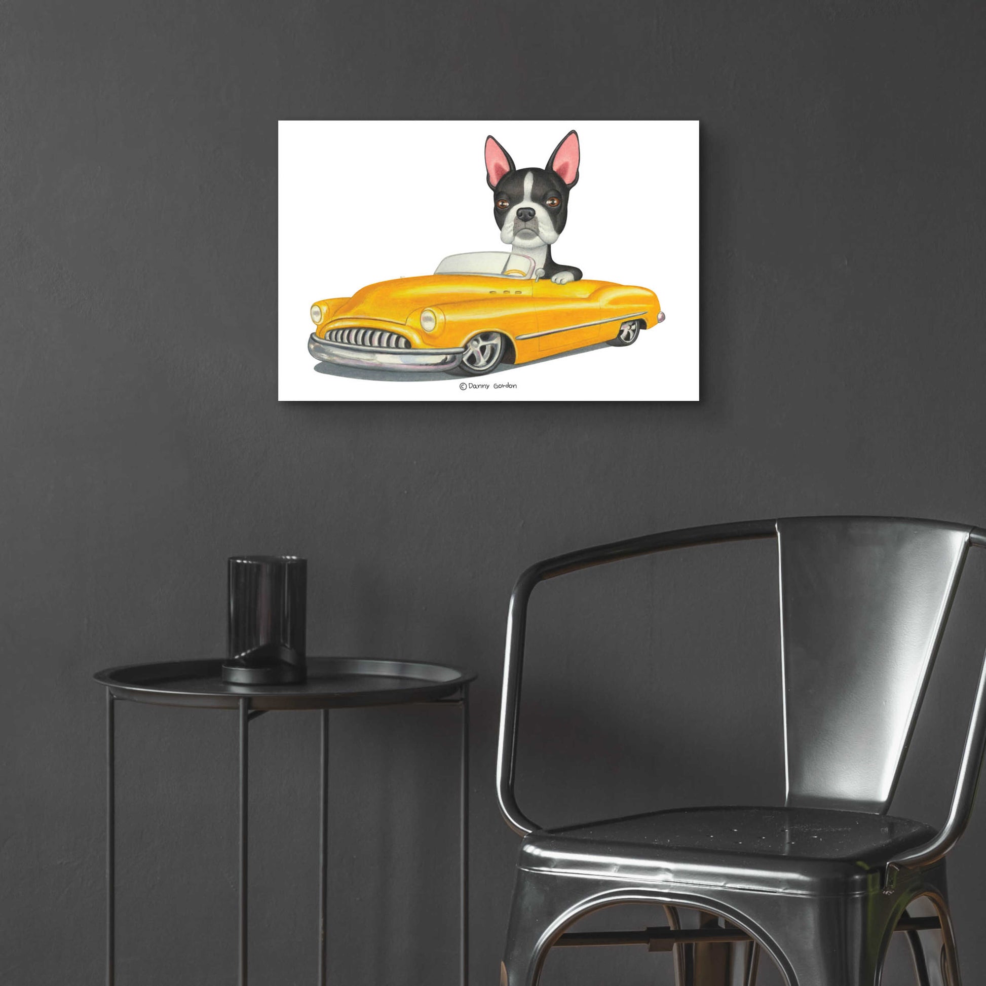 Epic Art 'Boston Terrier in Yellow Car' by Danny Gordon Art, Acrylic Glass Wall Art,24x16