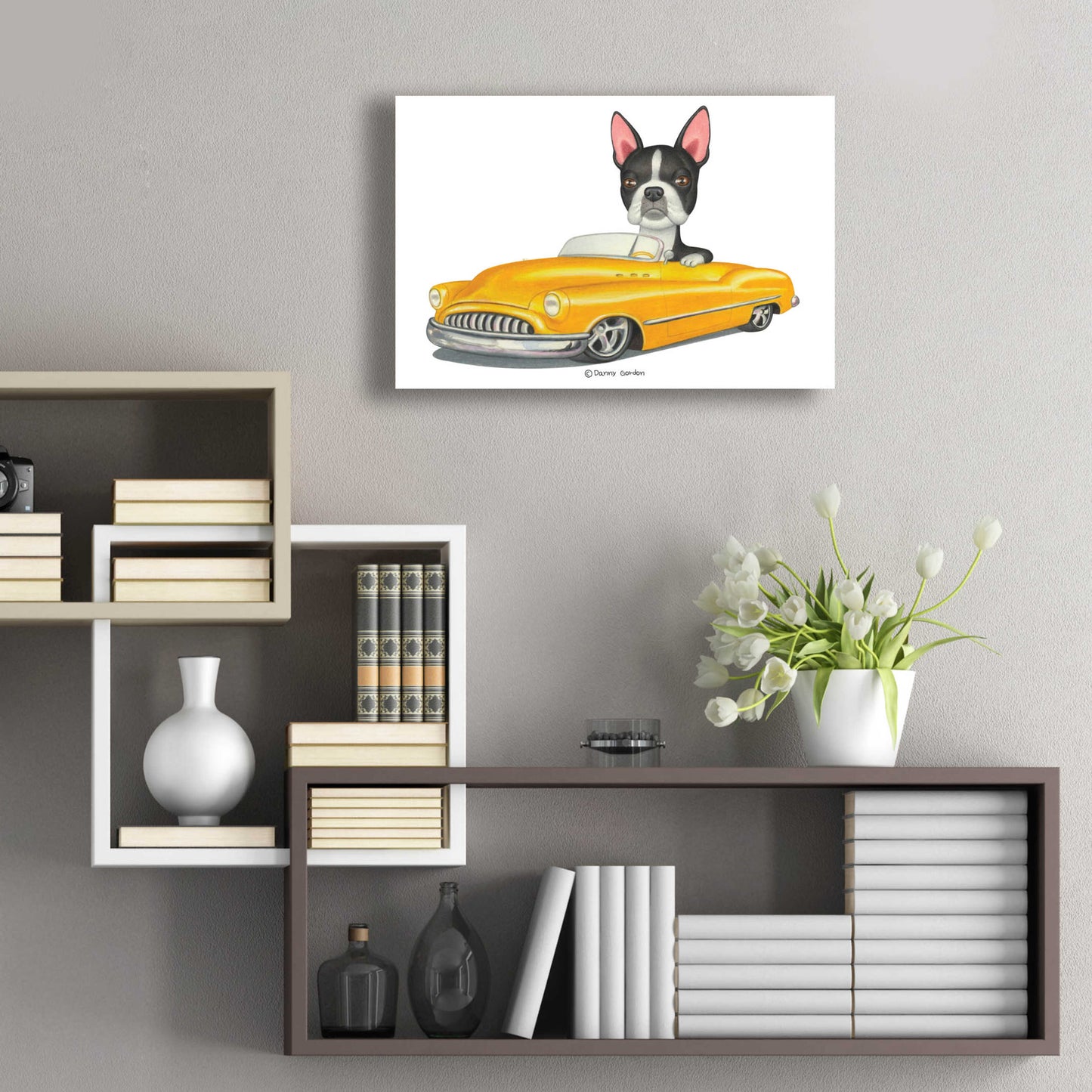 Epic Art 'Boston Terrier in Yellow Car' by Danny Gordon Art, Acrylic Glass Wall Art,24x16