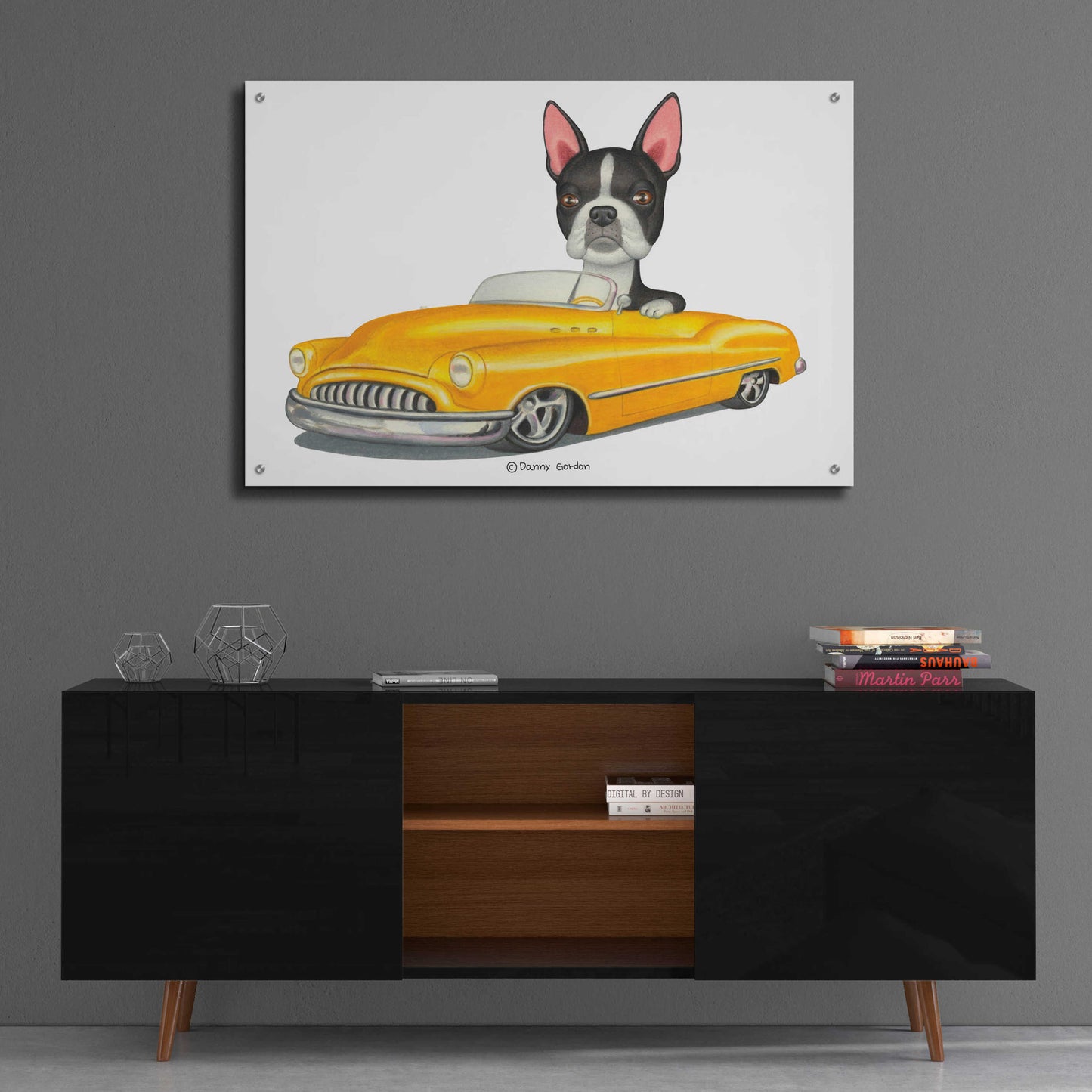 Epic Art 'Boston Terrier in Yellow Car' by Danny Gordon Art, Acrylic Glass Wall Art,36x24