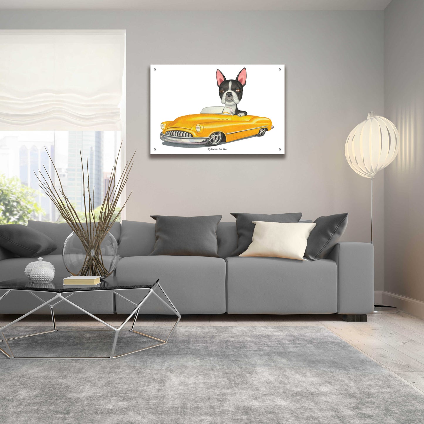 Epic Art 'Boston Terrier in Yellow Car' by Danny Gordon Art, Acrylic Glass Wall Art,36x24