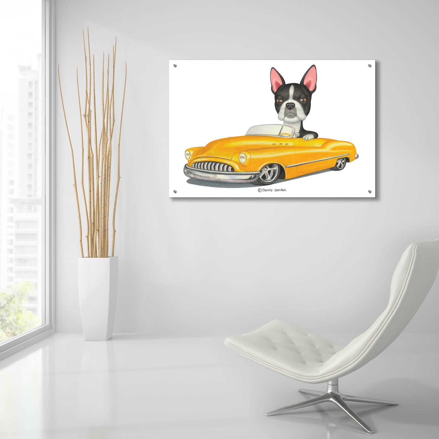 Epic Art 'Boston Terrier in Yellow Car' by Danny Gordon Art, Acrylic Glass Wall Art,36x24