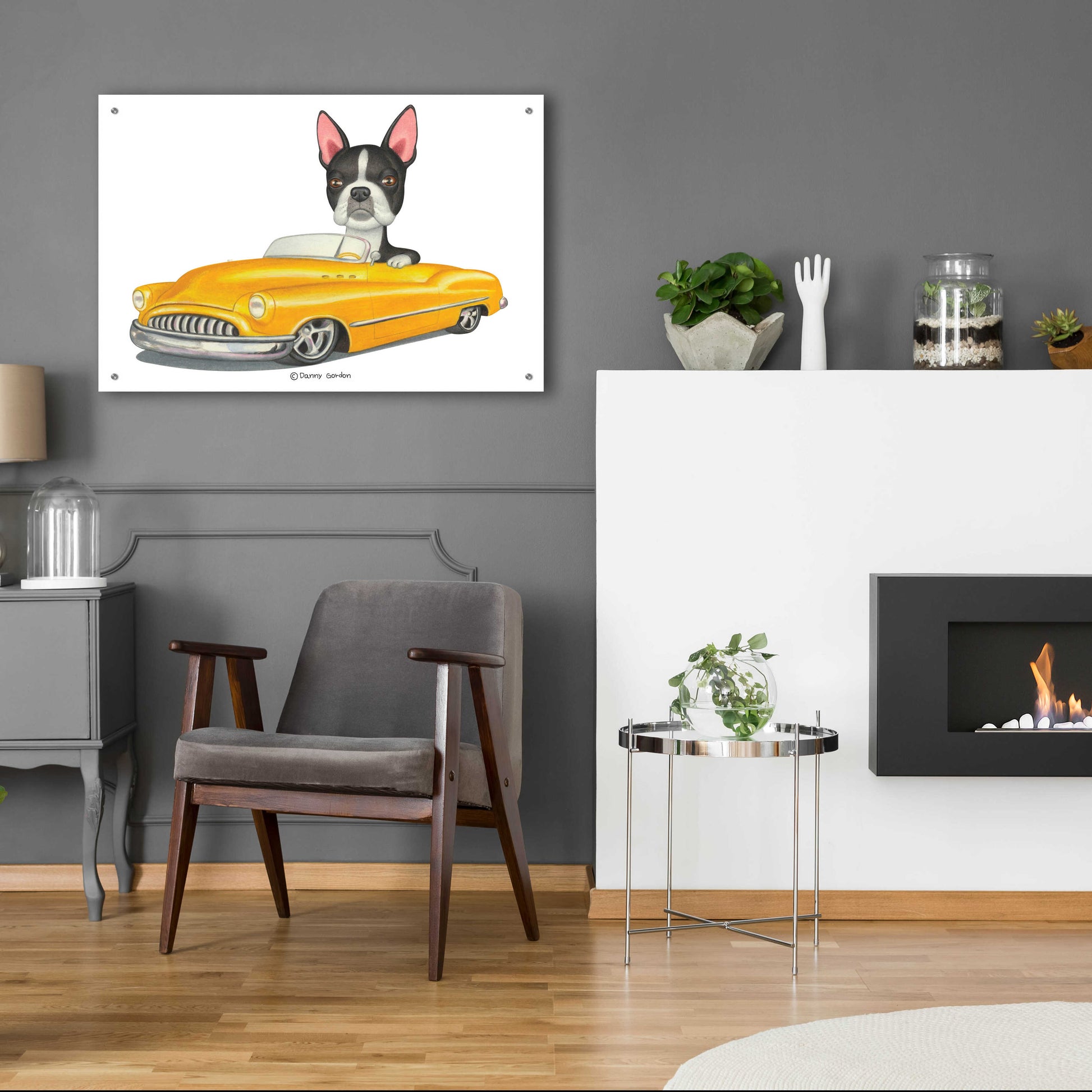 Epic Art 'Boston Terrier in Yellow Car' by Danny Gordon Art, Acrylic Glass Wall Art,36x24