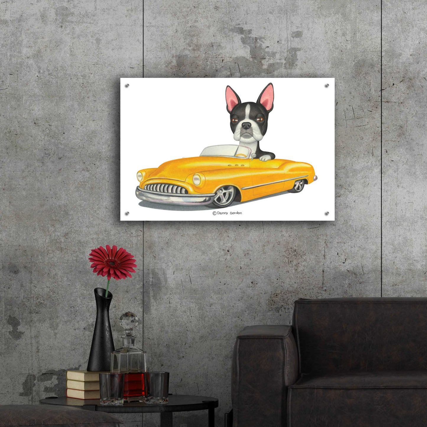 Epic Art 'Boston Terrier in Yellow Car' by Danny Gordon Art, Acrylic Glass Wall Art,36x24