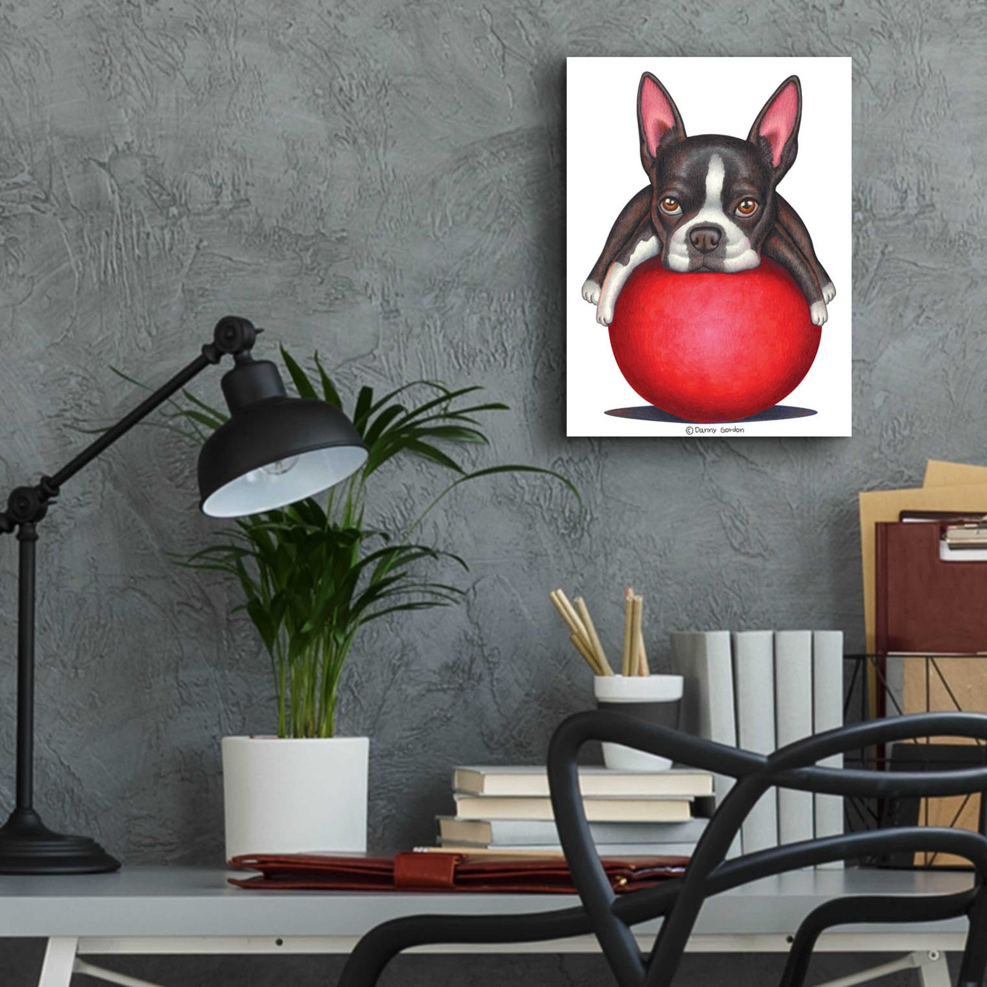 Epic Art 'Boston Terrier on Red Ball' by Danny Gordon Art, Acrylic Glass Wall Art,12x16