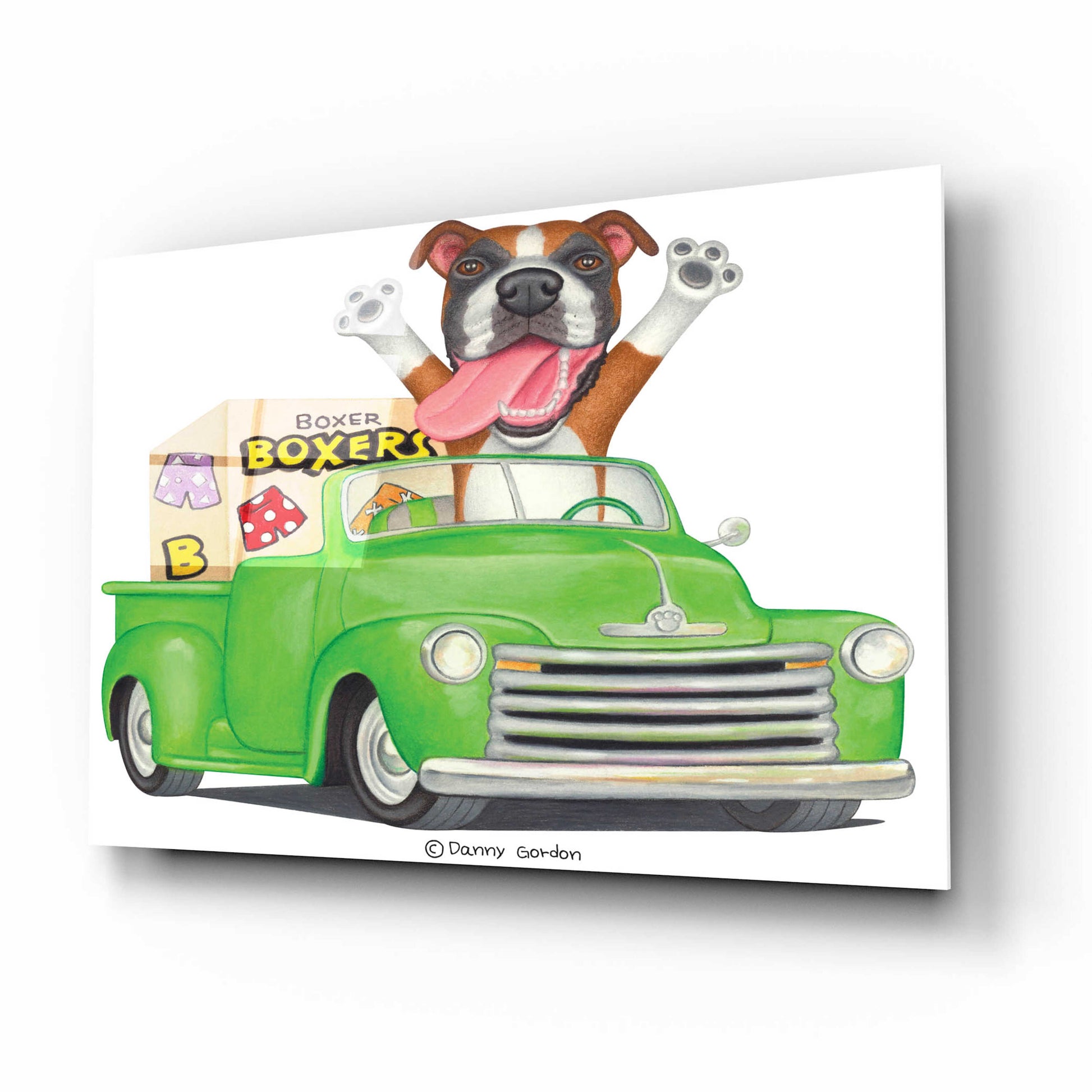 Epic Art 'Boxer in Green Truck with Boxes' by Danny Gordon Art, Acrylic Glass Wall Art,16x12