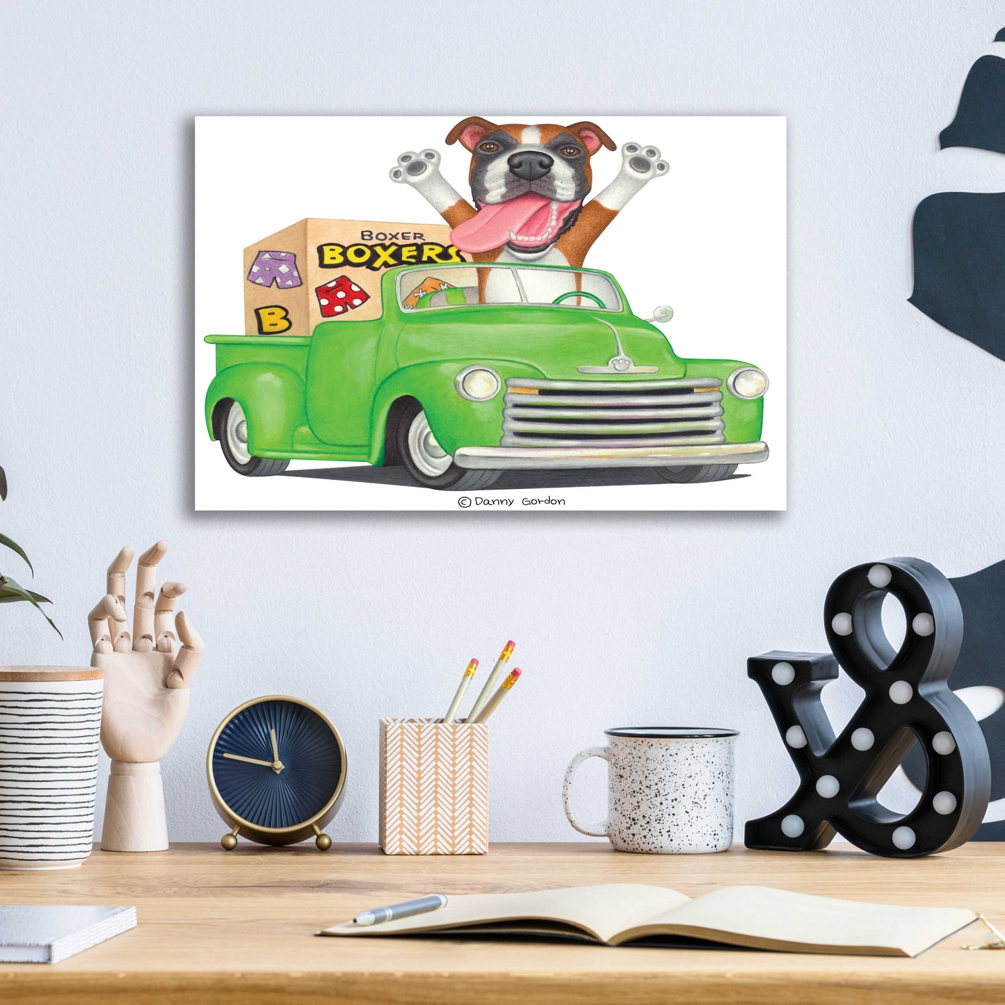 Epic Art 'Boxer in Green Truck with Boxes' by Danny Gordon Art, Acrylic Glass Wall Art,16x12