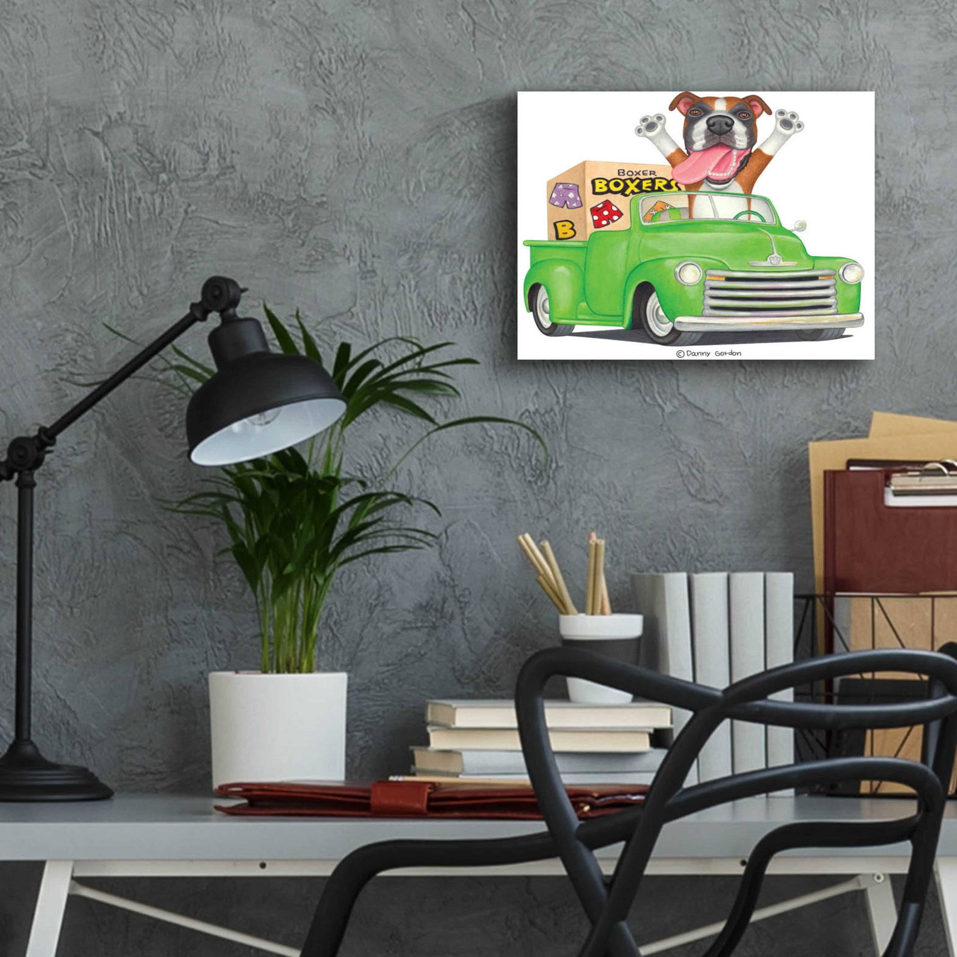 Epic Art 'Boxer in Green Truck with Boxes' by Danny Gordon Art, Acrylic Glass Wall Art,16x12