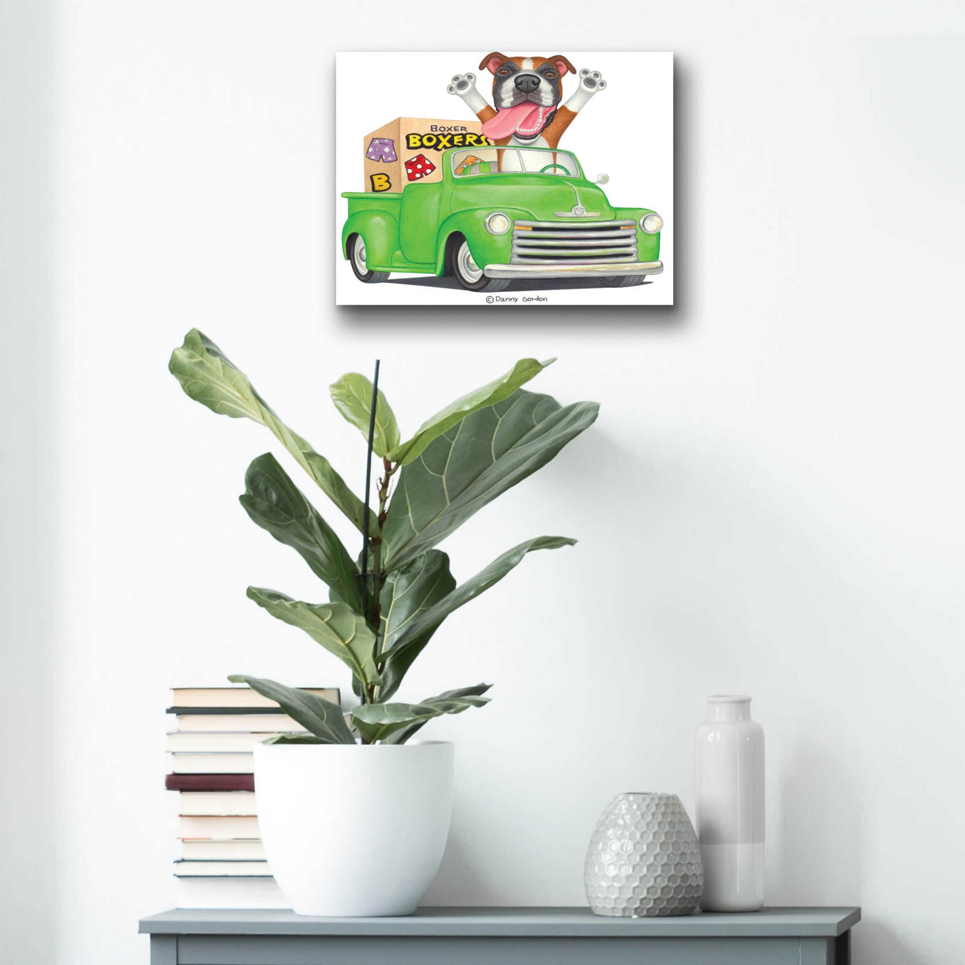 Epic Art 'Boxer in Green Truck with Boxes' by Danny Gordon Art, Acrylic Glass Wall Art,16x12