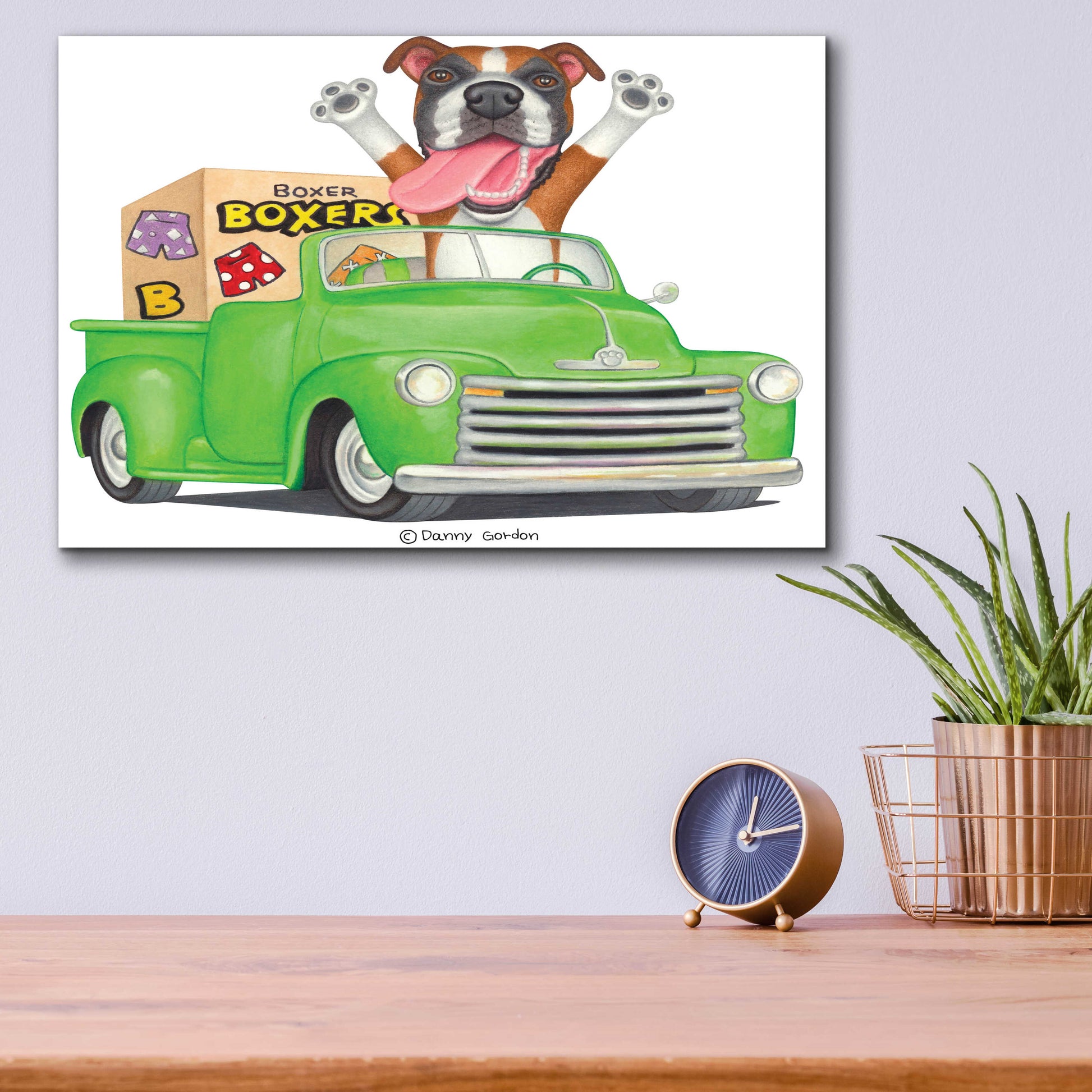 Epic Art 'Boxer in Green Truck with Boxes' by Danny Gordon Art, Acrylic Glass Wall Art,16x12