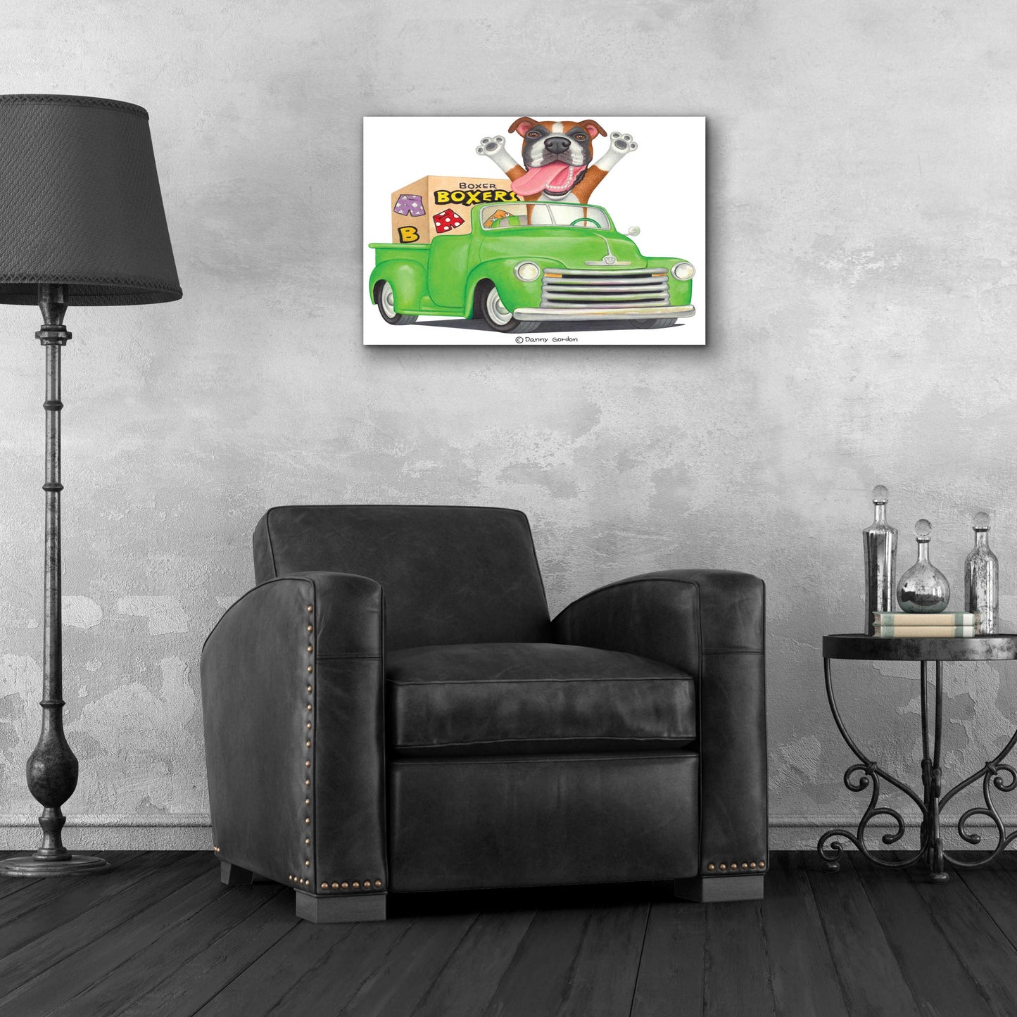 Epic Art 'Boxer in Green Truck with Boxes' by Danny Gordon Art, Acrylic Glass Wall Art,24x16