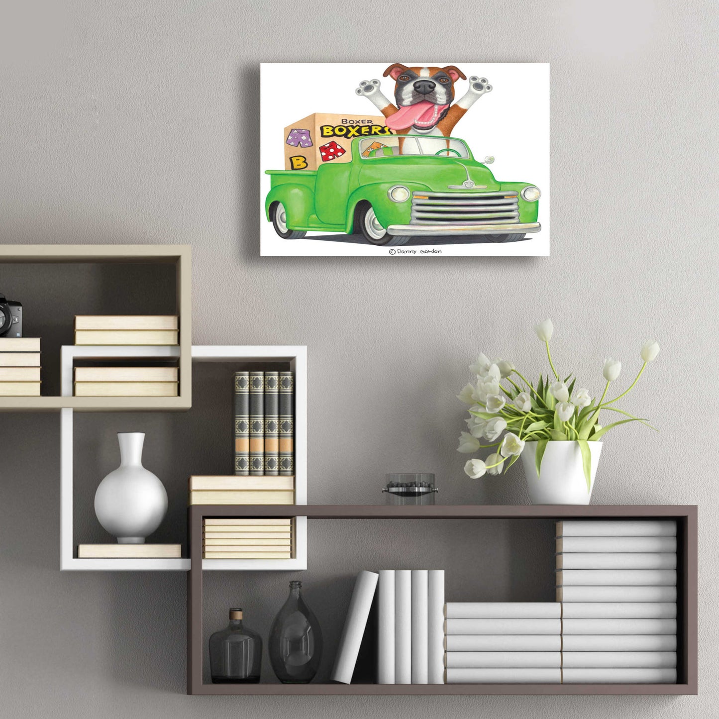 Epic Art 'Boxer in Green Truck with Boxes' by Danny Gordon Art, Acrylic Glass Wall Art,24x16