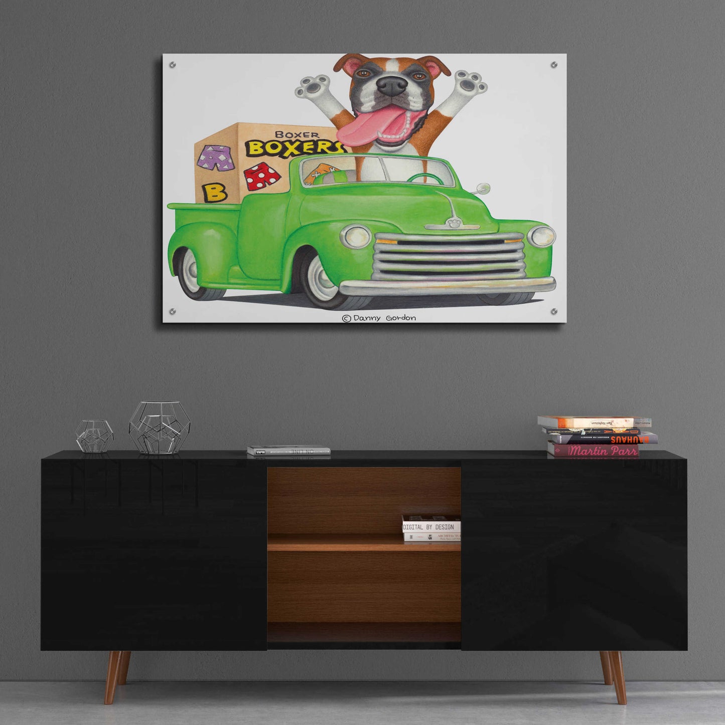 Epic Art 'Boxer in Green Truck with Boxes' by Danny Gordon Art, Acrylic Glass Wall Art,36x24