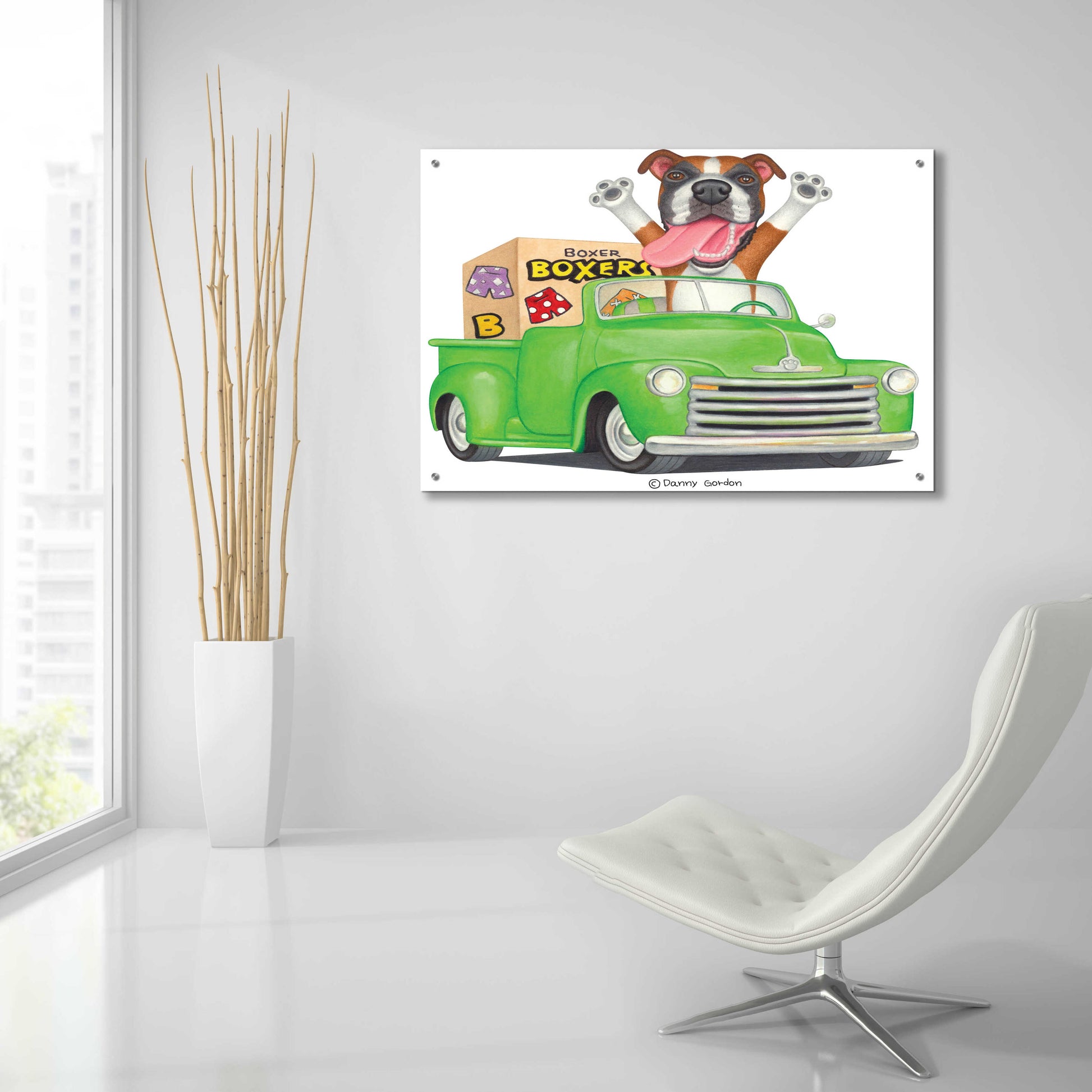 Epic Art 'Boxer in Green Truck with Boxes' by Danny Gordon Art, Acrylic Glass Wall Art,36x24