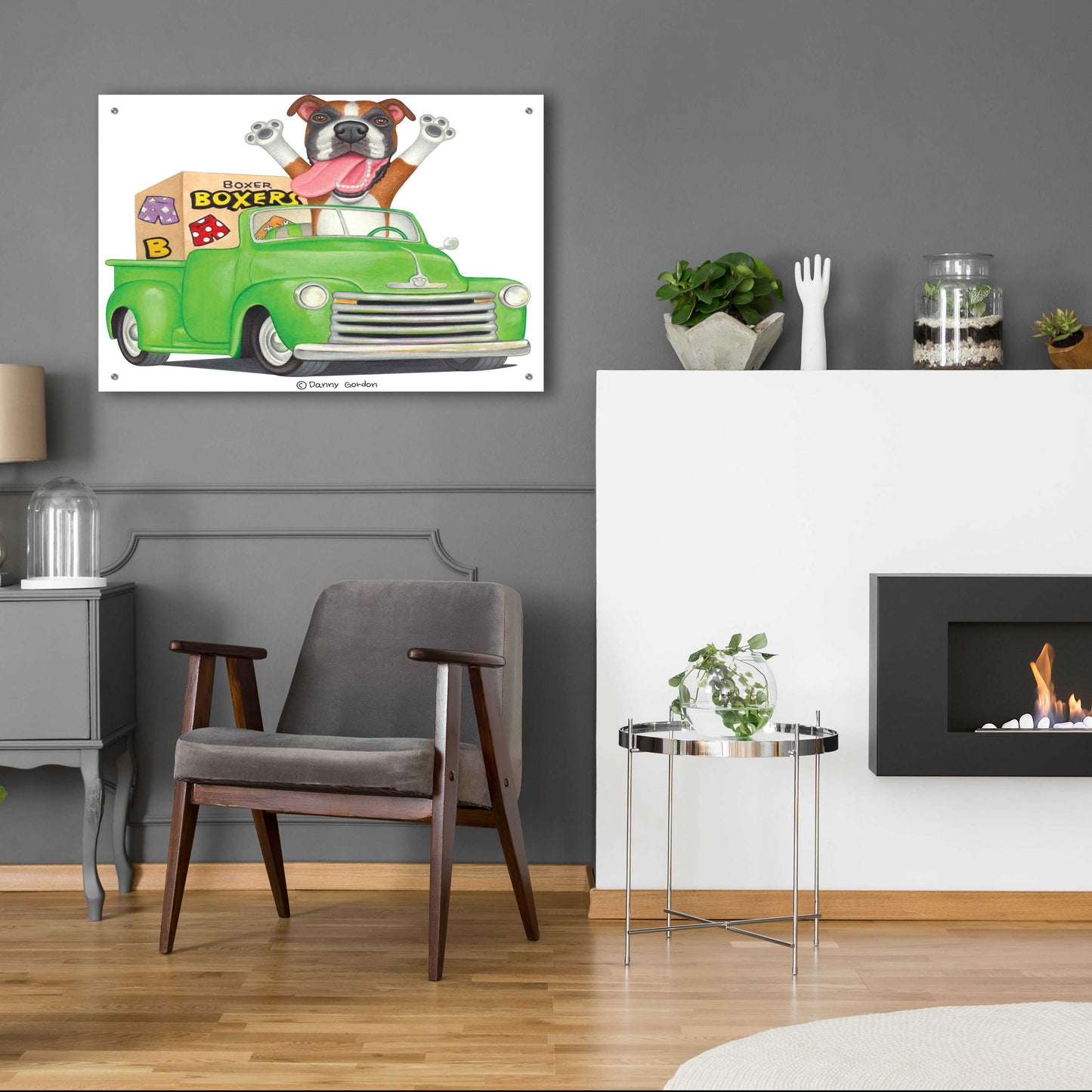 Epic Art 'Boxer in Green Truck with Boxes' by Danny Gordon Art, Acrylic Glass Wall Art,36x24