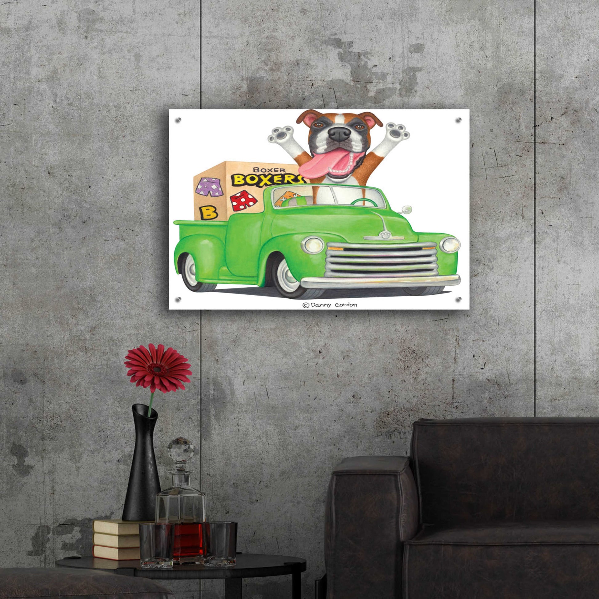 Epic Art 'Boxer in Green Truck with Boxes' by Danny Gordon Art, Acrylic Glass Wall Art,36x24