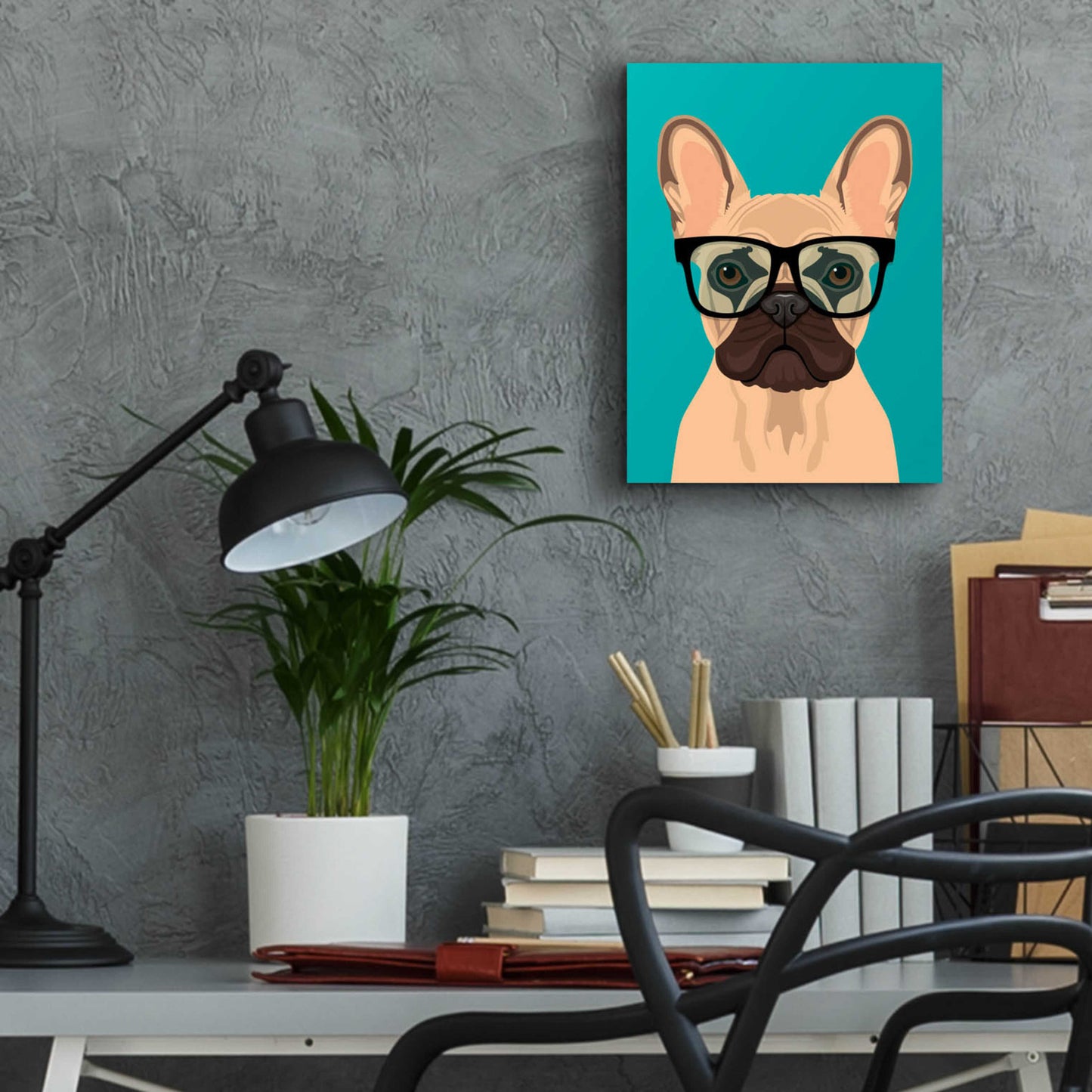 Epic Art 'French Bulldog Teal' by Debbie Gray, Acrylic Glass Wall Art,12x16