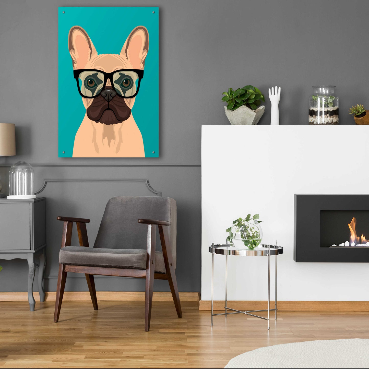 Epic Art 'French Bulldog Teal' by Debbie Gray, Acrylic Glass Wall Art,24x36