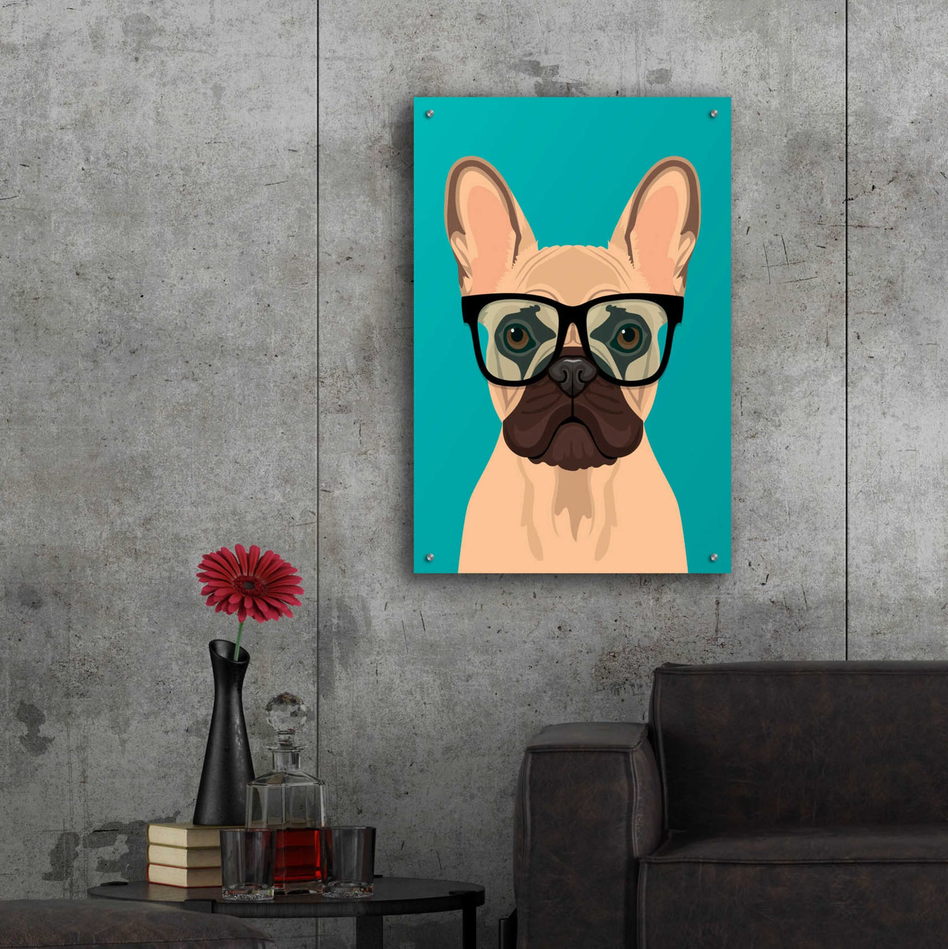 Epic Art 'French Bulldog Teal' by Debbie Gray, Acrylic Glass Wall Art,24x36