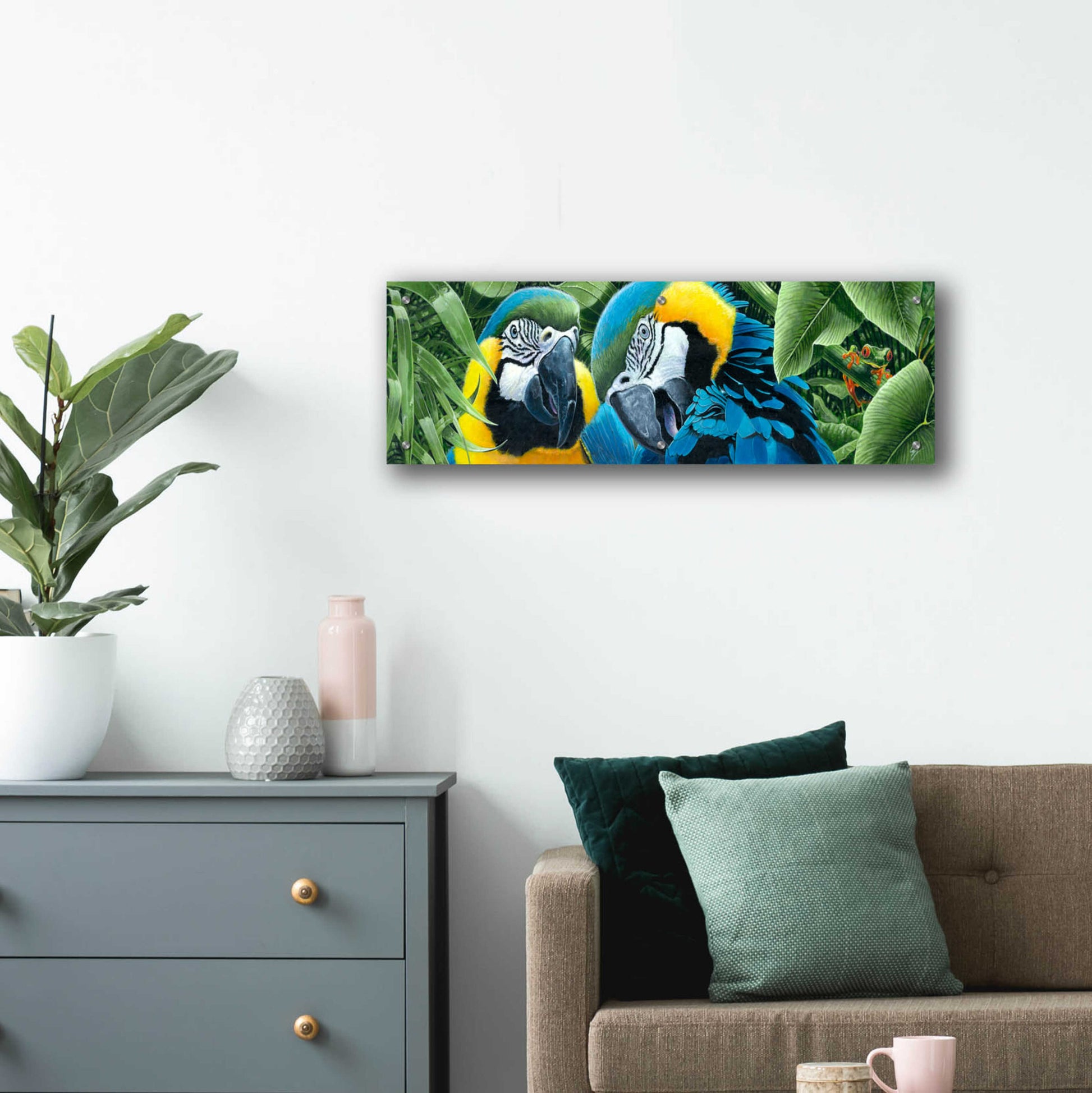 Epic Art 'Blue & Yellow Macaws' by Durwood Coffey, Acrylic Glass Wall Art,36x12