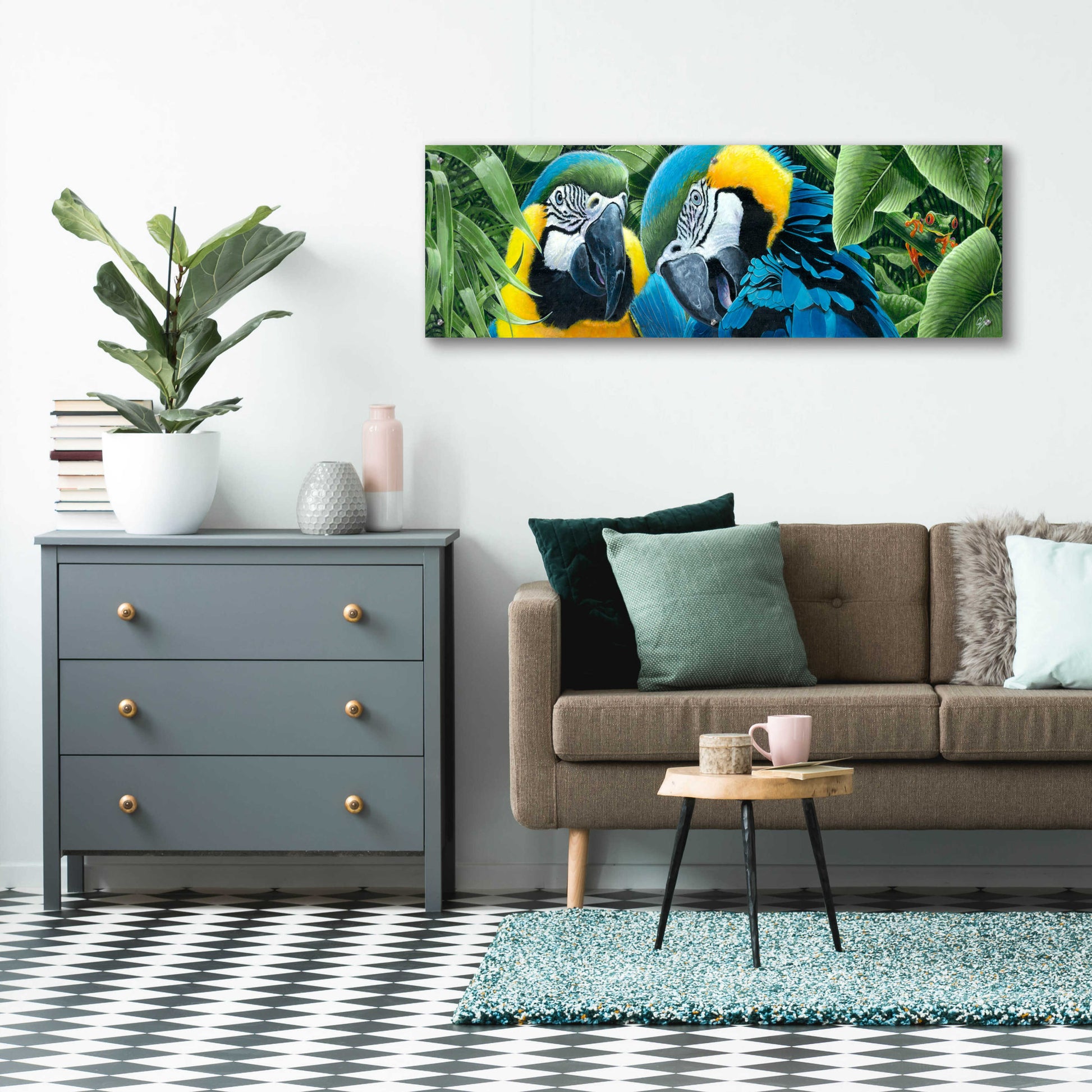 Epic Art 'Blue & Yellow Macaws' by Durwood Coffey, Acrylic Glass Wall Art,48x16