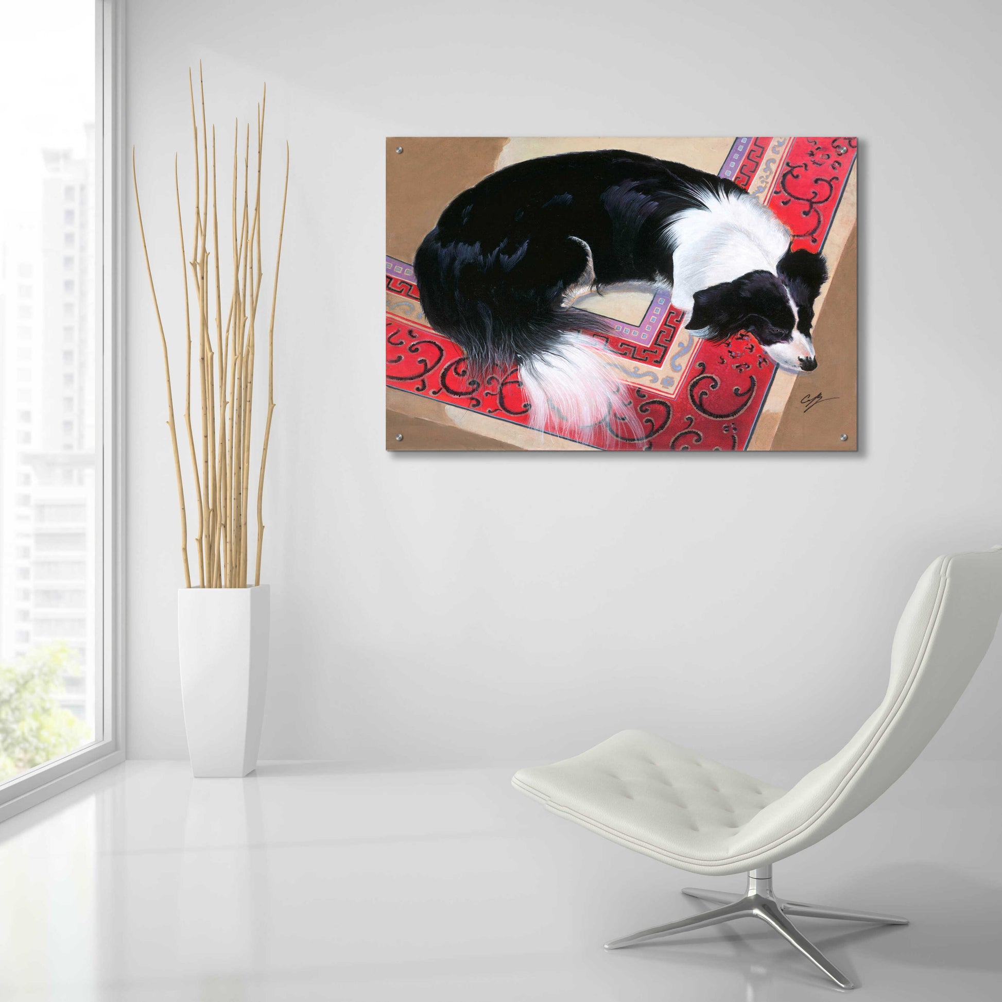 Epic Art 'Dog on a Rug' by Durwood Coffey, Acrylic Glass Wall Art,36x24