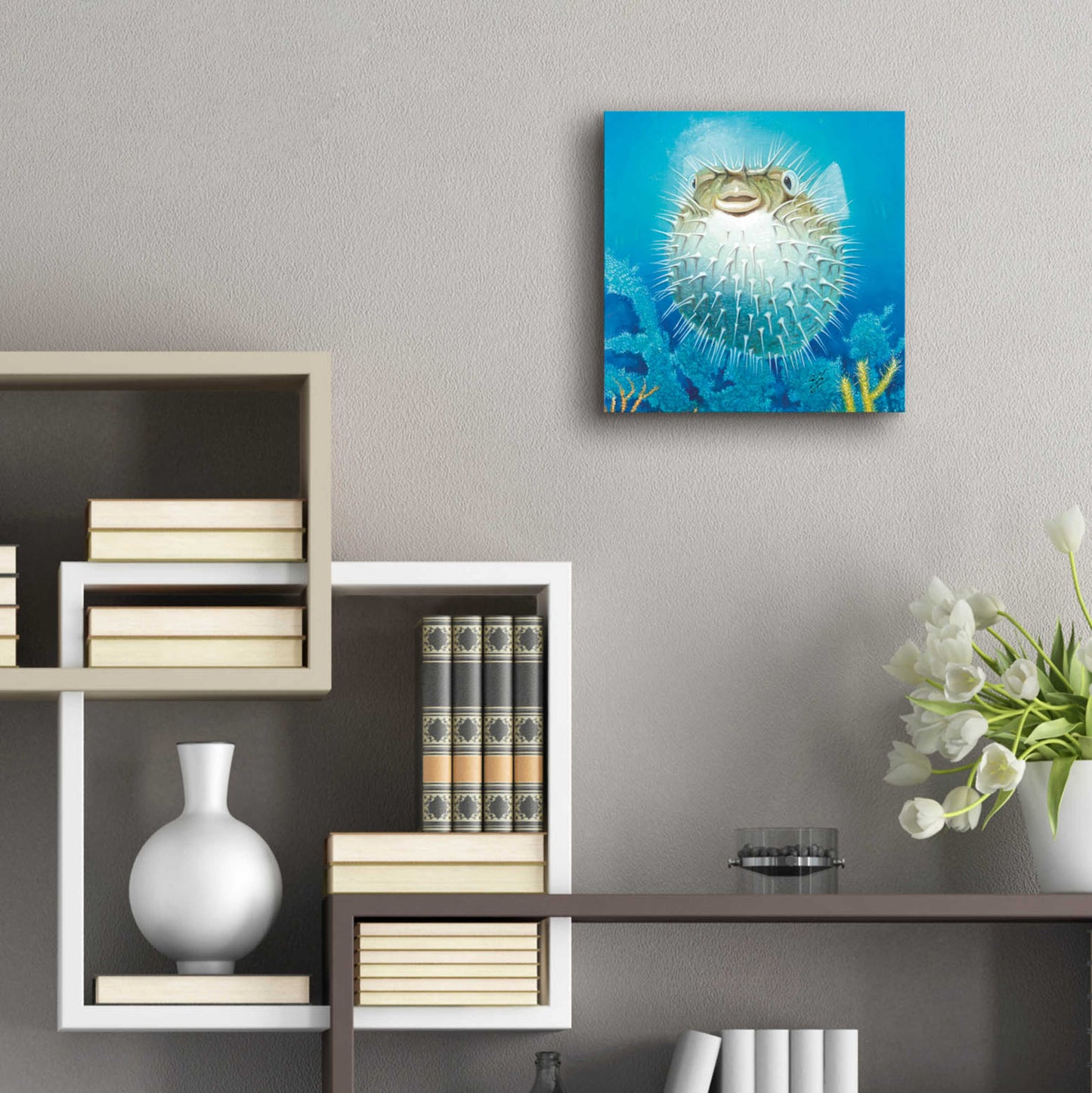 Epic Art 'Puffer Fish' by Durwood Coffey, Acrylic Glass Wall Art,12x12