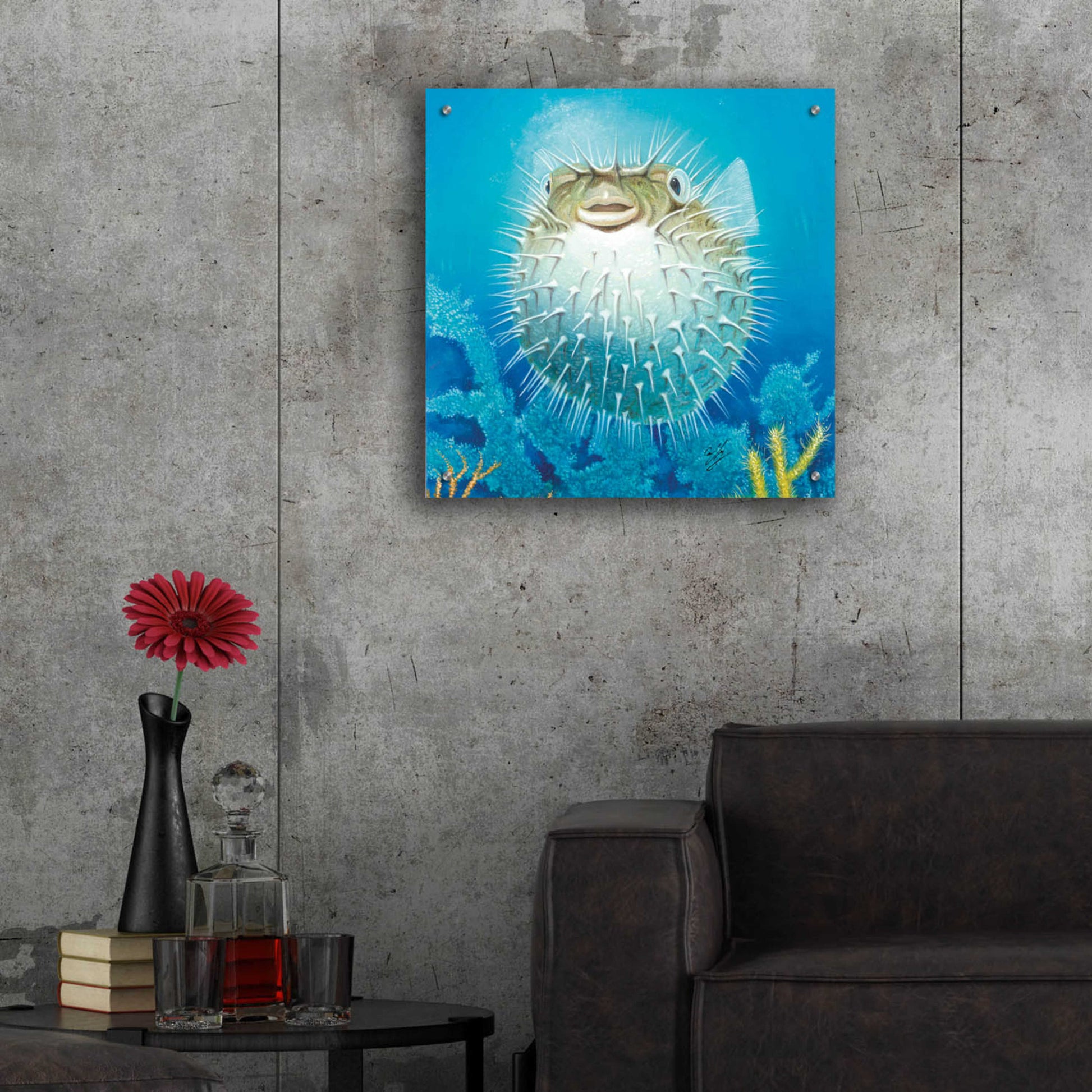 Epic Art 'Puffer Fish' by Durwood Coffey, Acrylic Glass Wall Art,24x24